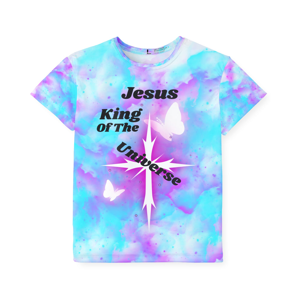 Kids Sky Graphic Tee — "Jesus King of the Universe" Pastel Christian Tee