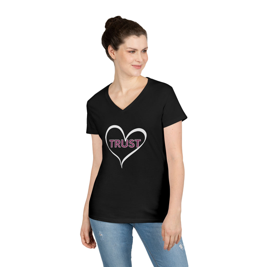 Ladies' V-Neck T-Shirt — Heart "TRUST" Faith Tee with Proverbs 3:5 Back Design