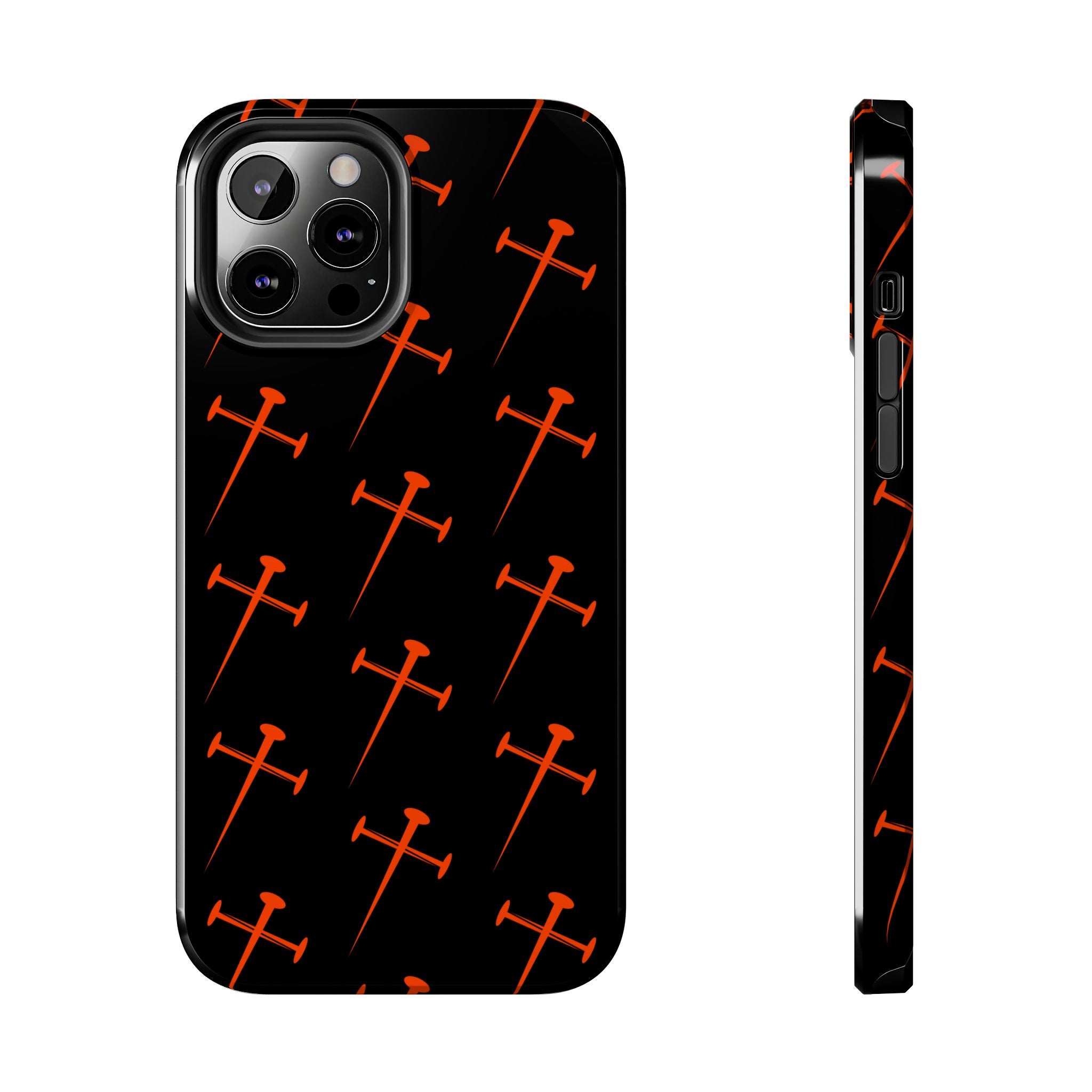 Black Tough Phone Case with Orange Nail Cross Pattern