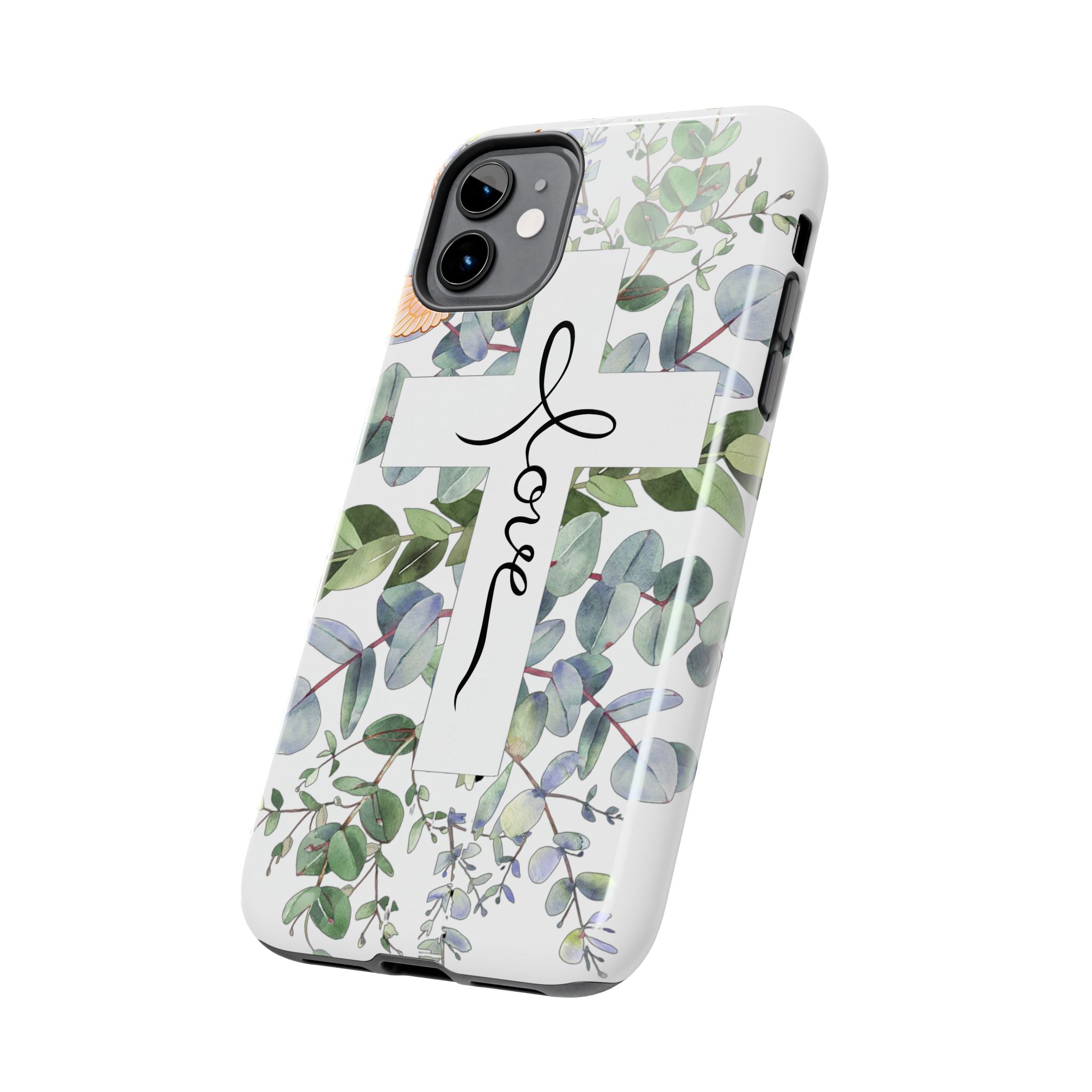 Religious Cross Tough Phone Case — Eucalyptus Floral "Love" Design