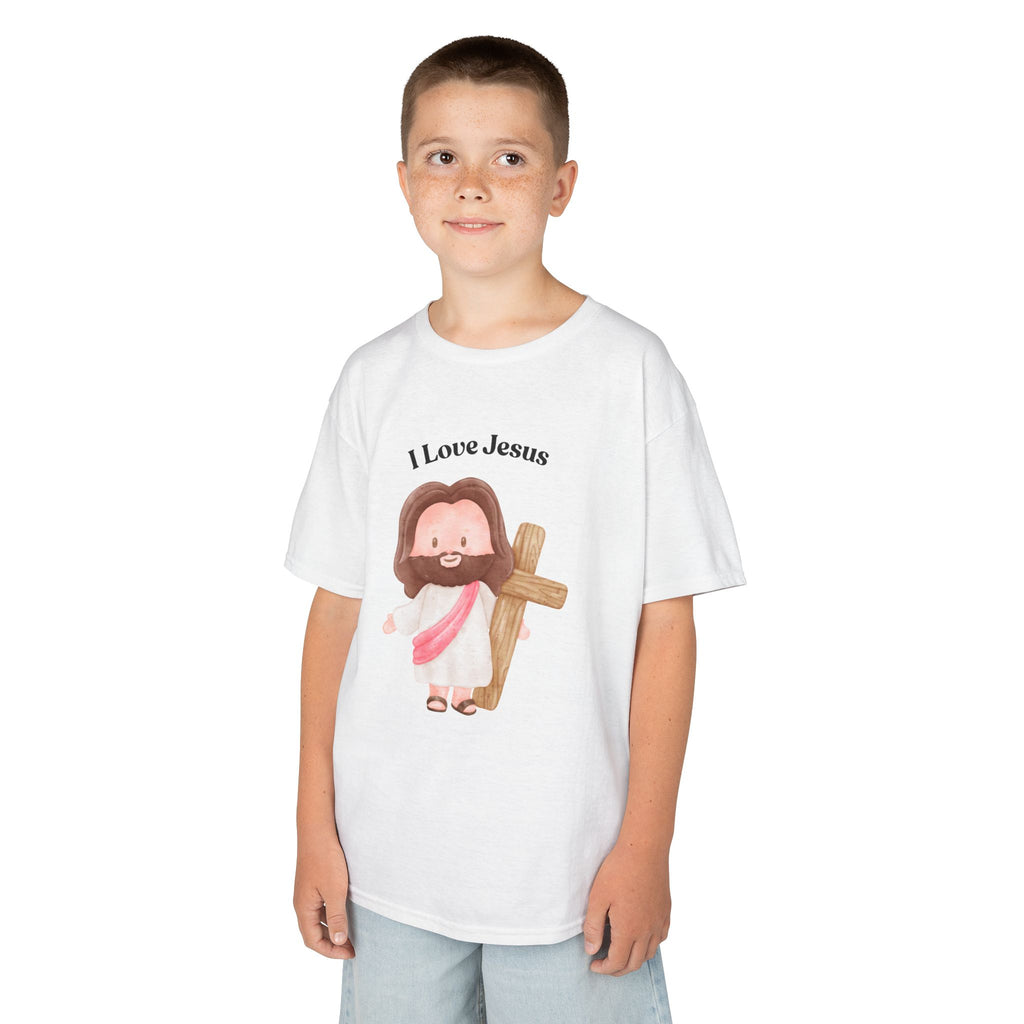 Kids T-Shirt — Cute "I Love Jesus" Cartoon Jesus Holding Cross — Christian Easter Gift for Children