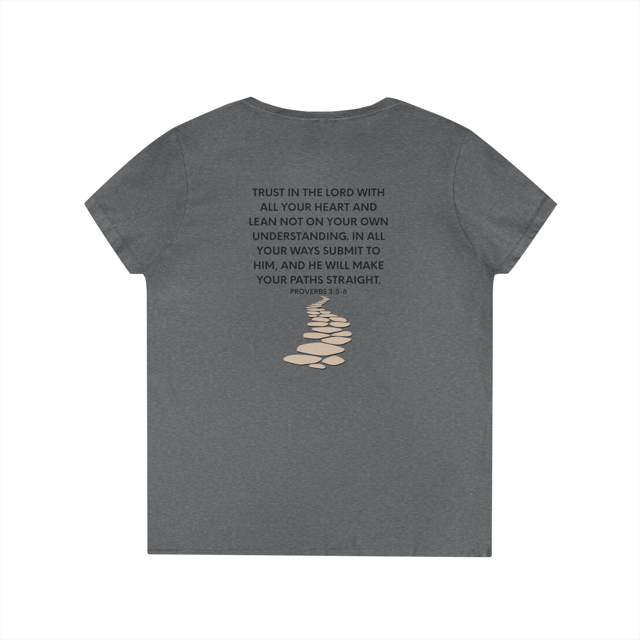 Ladies' V-Neck T-Shirt — Heart "TRUST" Faith Tee with Proverbs 3:5 Back Design
