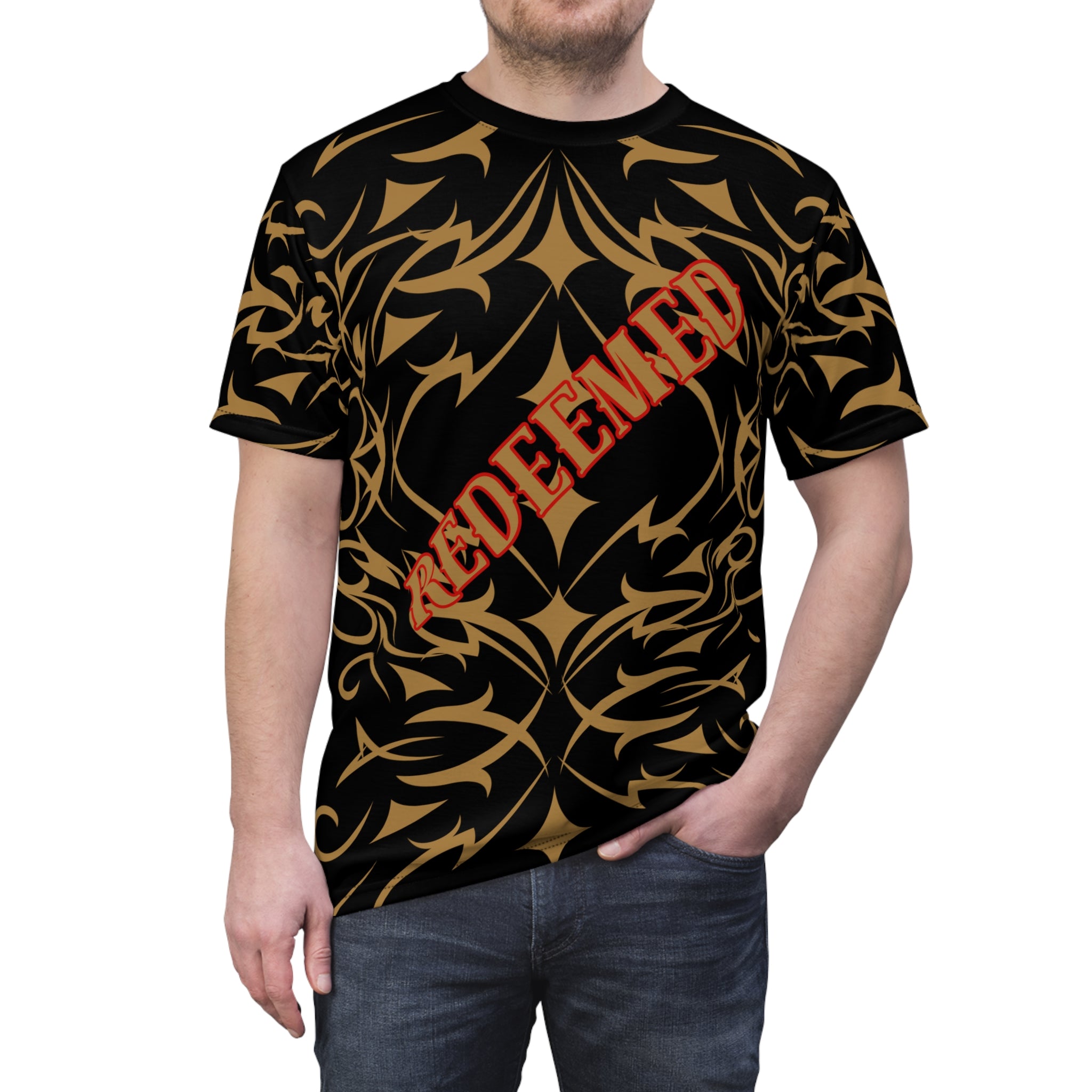 Redeemed Tribal Pattern Tee — All-Over-Print Graphic Shirt