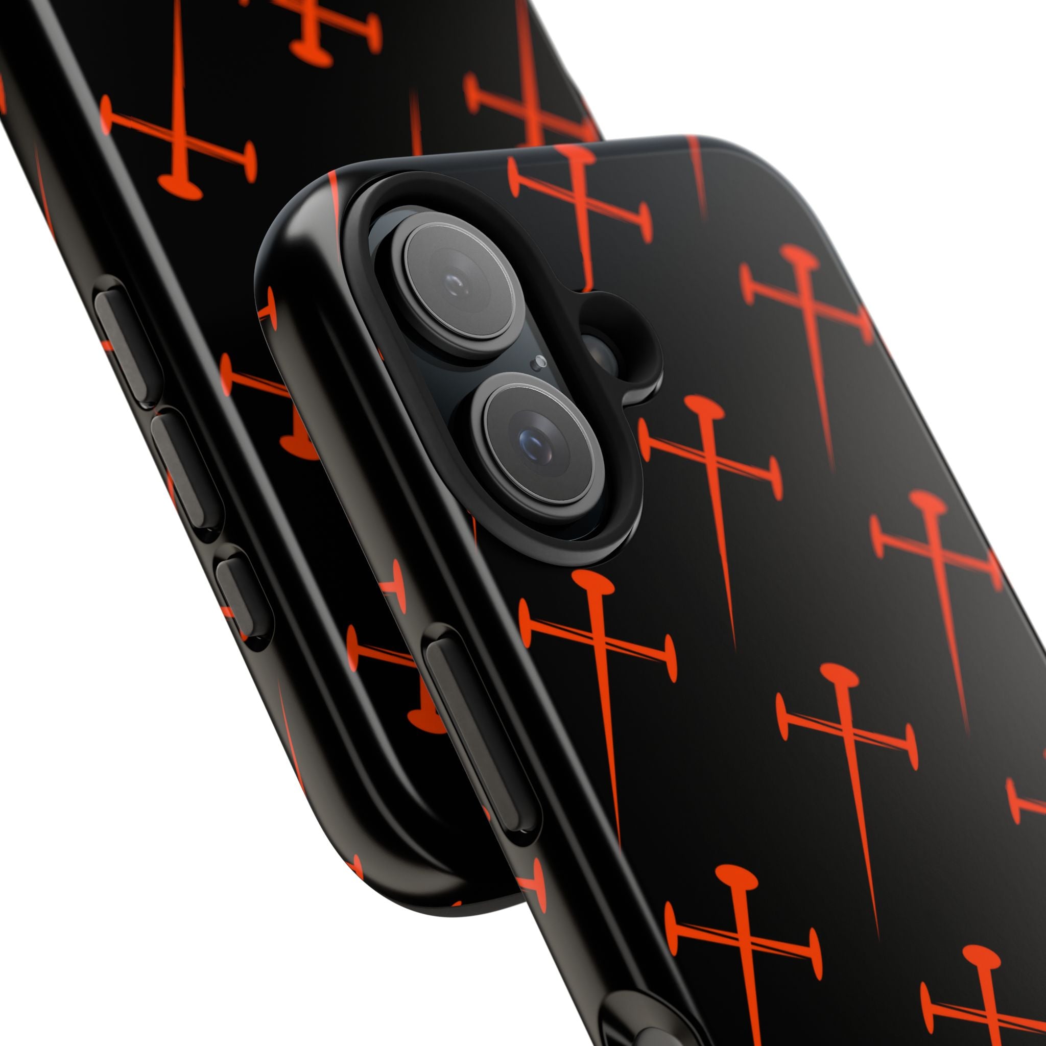Black Tough Phone Case with Orange Nail Cross Pattern