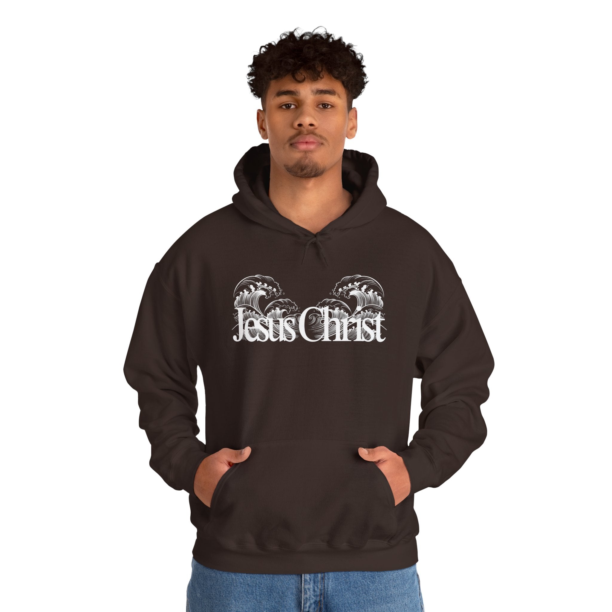 Jesus Christ Hoodie — Wave Graphic with Scripture Back (Faith-Based Christian Sweatshirt)