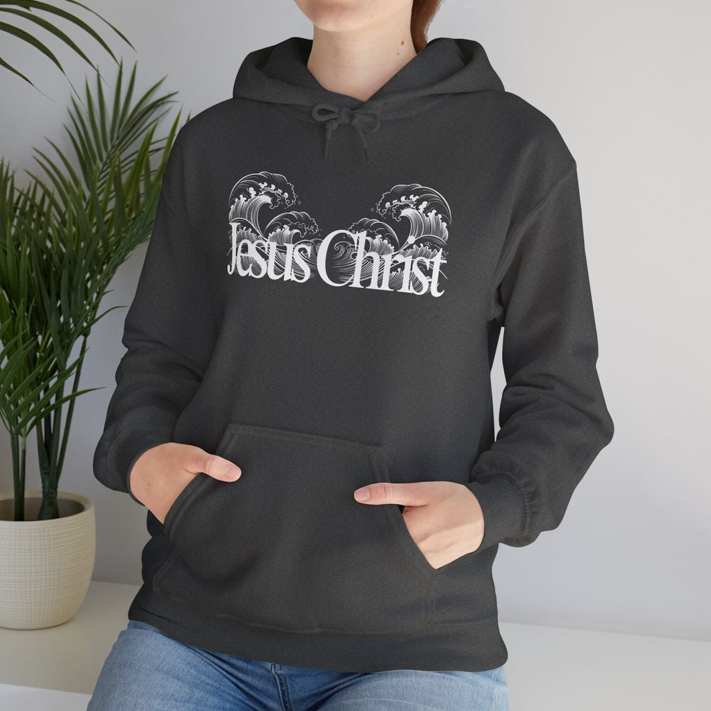 Jesus Christ Hoodie — Wave Graphic with Scripture Back (Faith-Based Christian Sweatshirt)