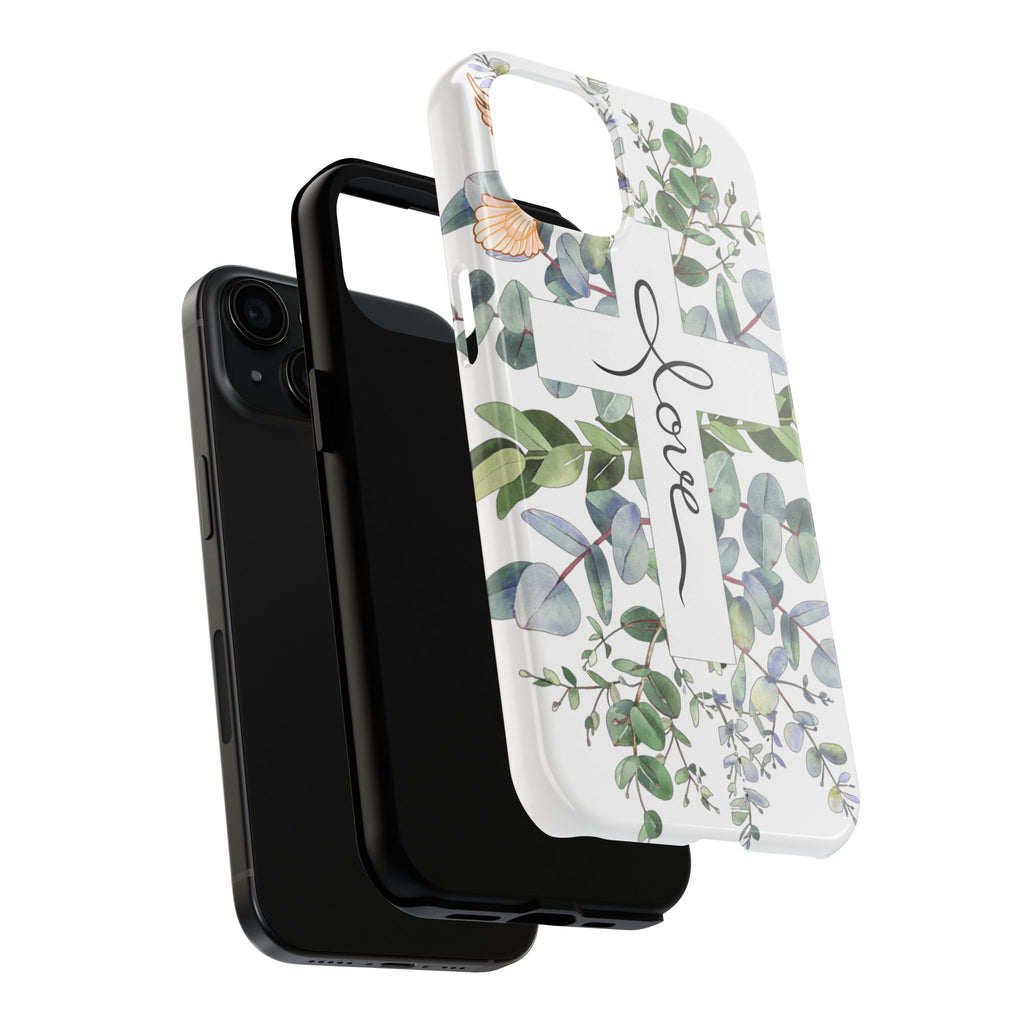 Religious Cross Tough Phone Case — Eucalyptus Floral "Love" Design