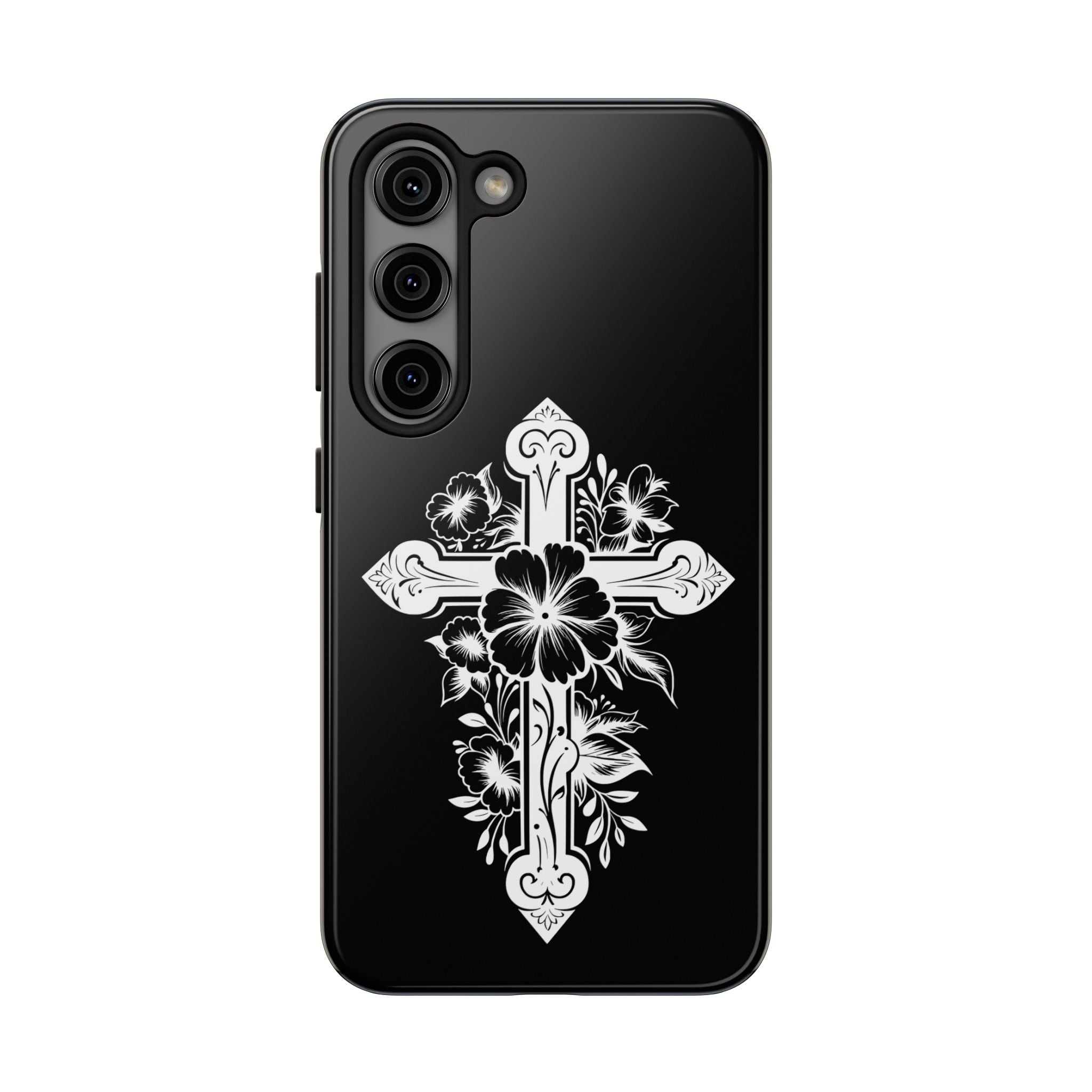 Floral Cross Tough Phone Case — Black Protective Christian Phone Cover