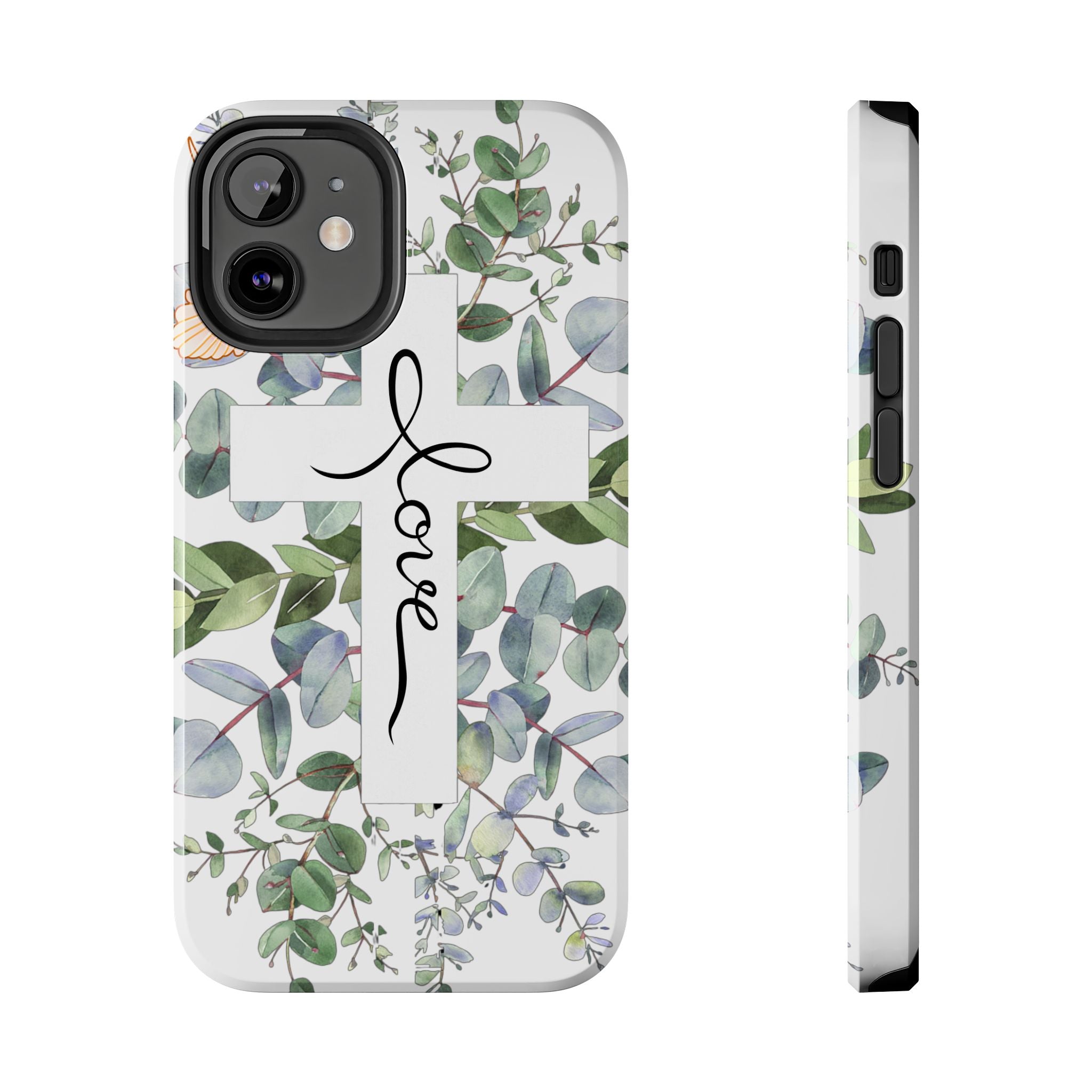 Religious Cross Tough Phone Case — Eucalyptus Floral "Love" Design