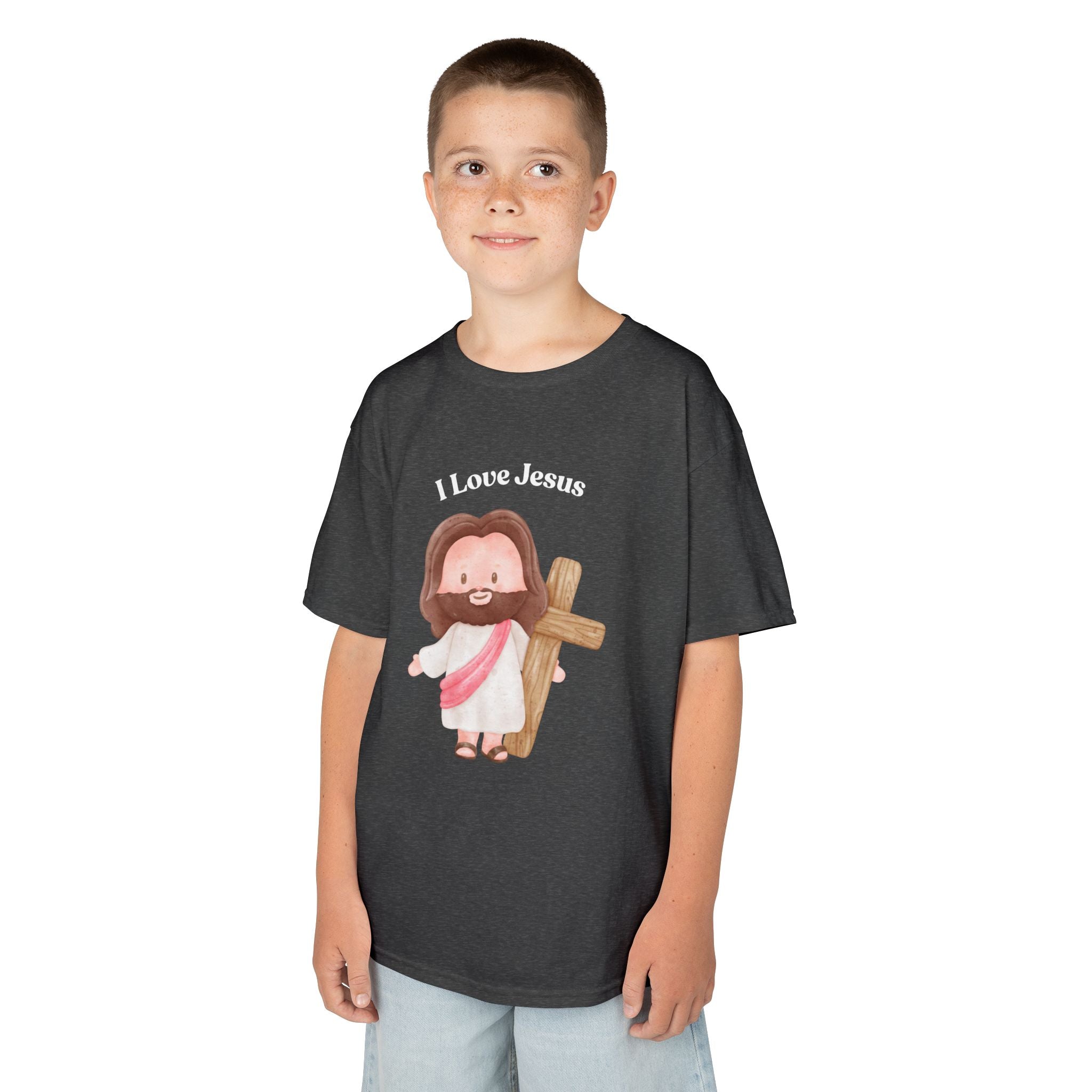 Kids T-Shirt — Cute "I Love Jesus" Cartoon Jesus Holding Cross — Christian Easter Gift for Children