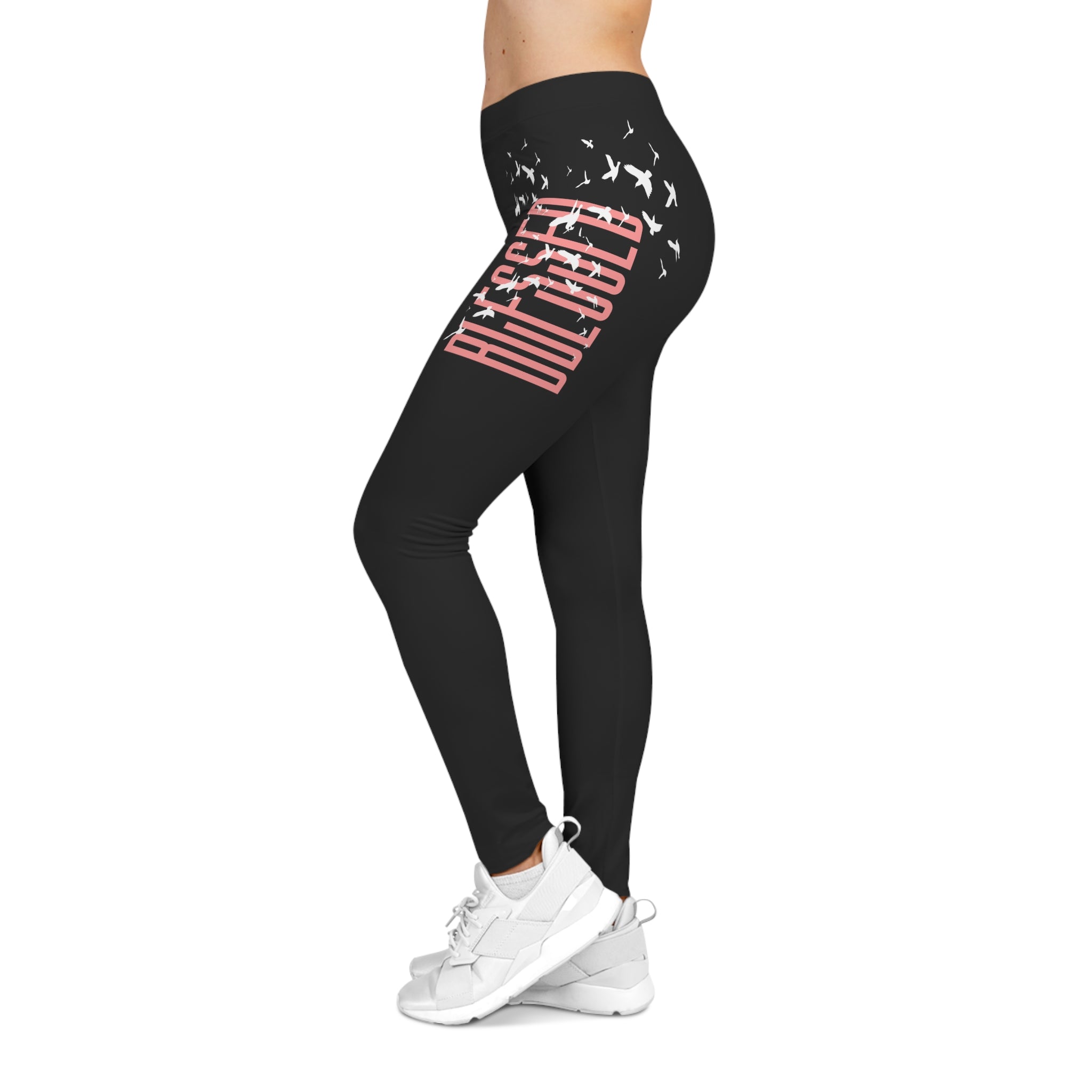 Christian Casual Leggings — Black 'Dove' Flock Design Women's Casual Leggings