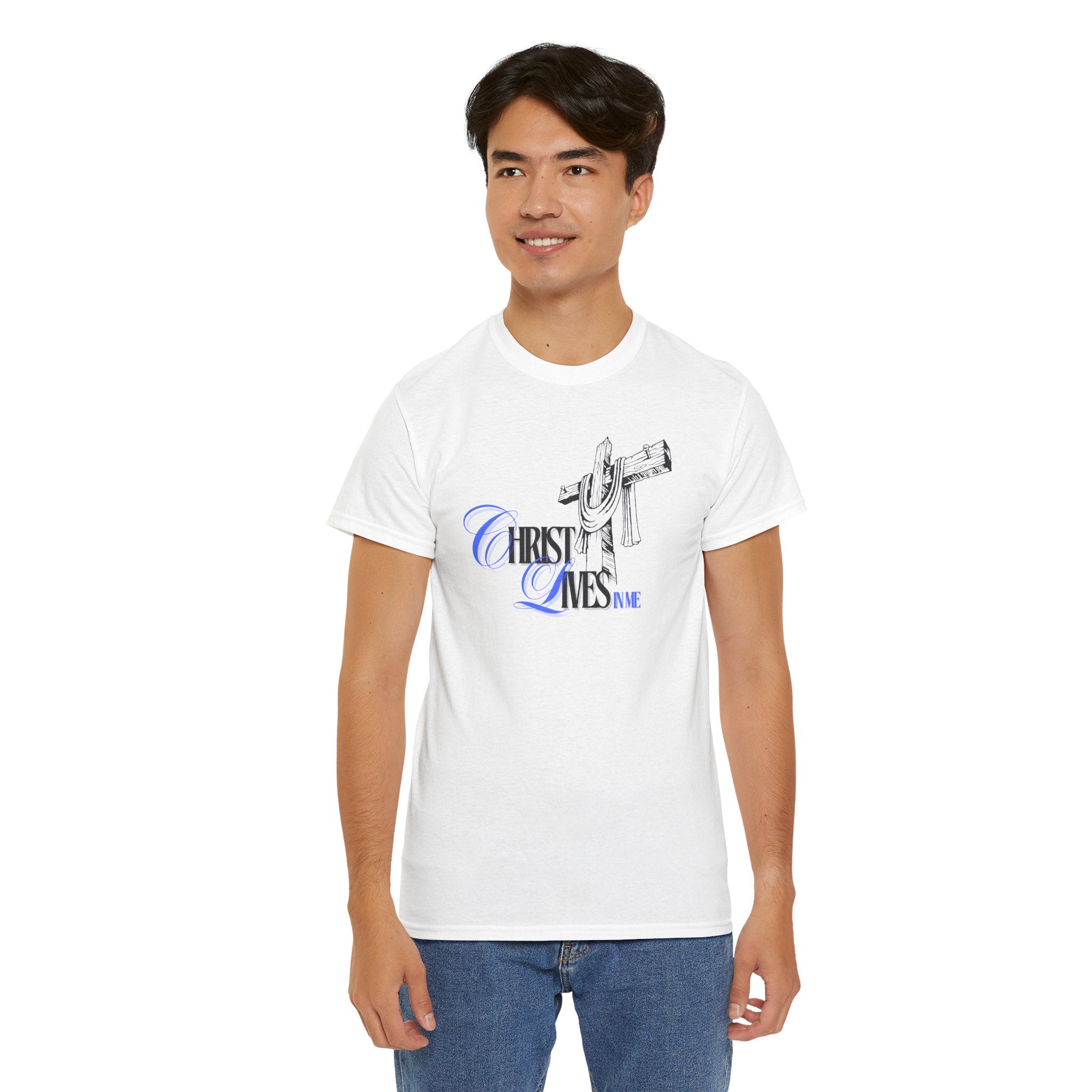 Christian Cross Tee — “Christ Lives in Me” Scripture Shirt (Galatians 2:20)