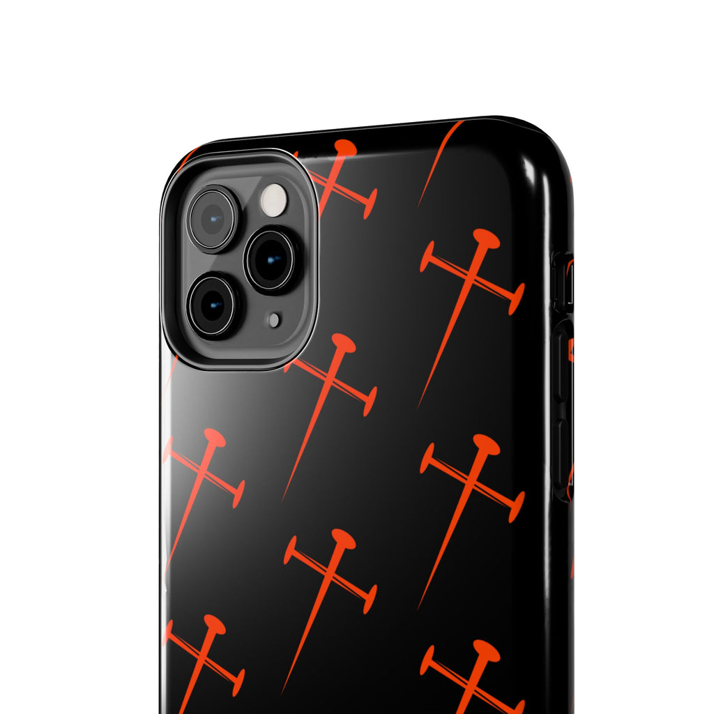 Black Tough Phone Case with Orange Nail Cross Pattern