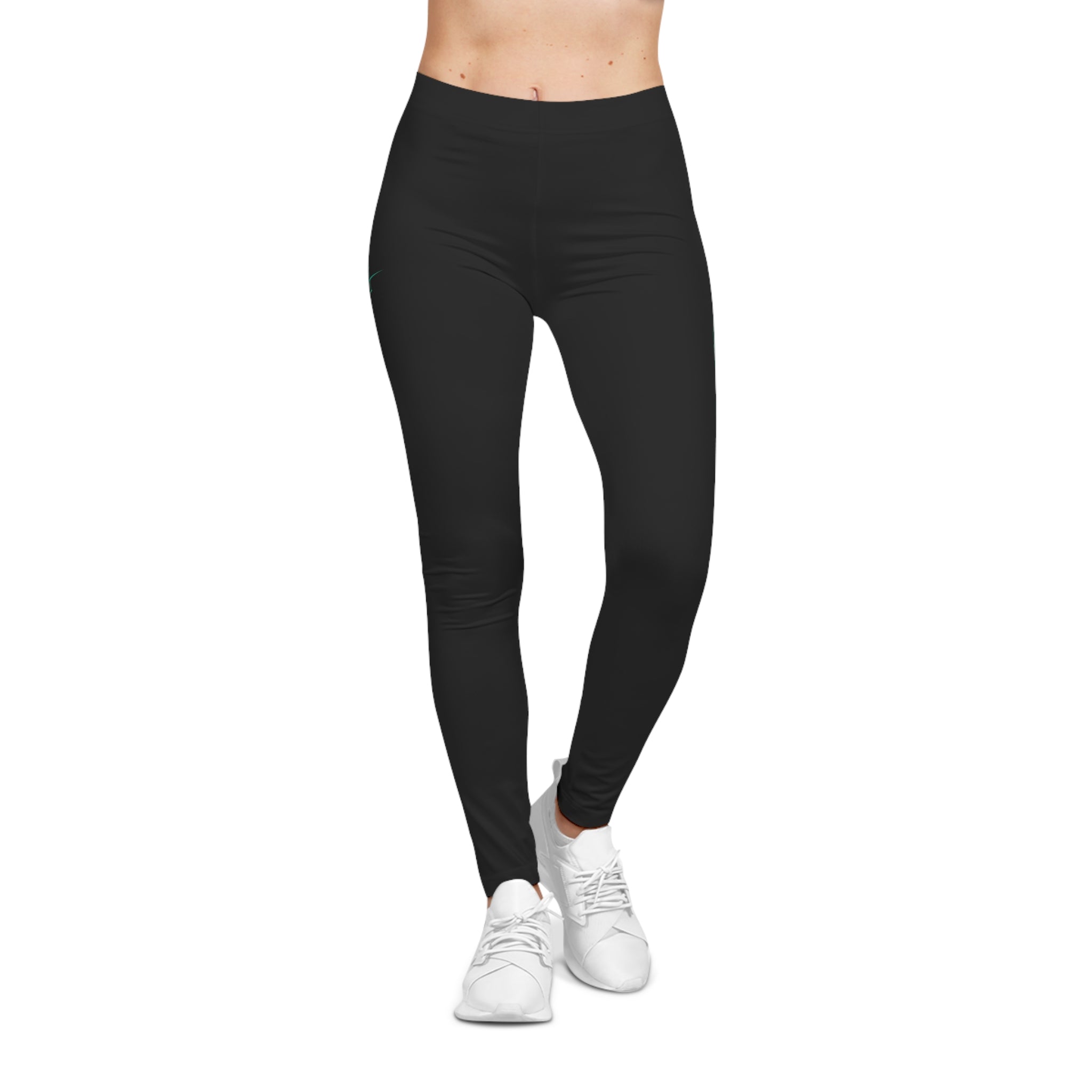 Women's Black Praise The Lord Graphic Leggings — Teal Script 'Praise The Lord' 'Deauteronomy 31:6' Side Print