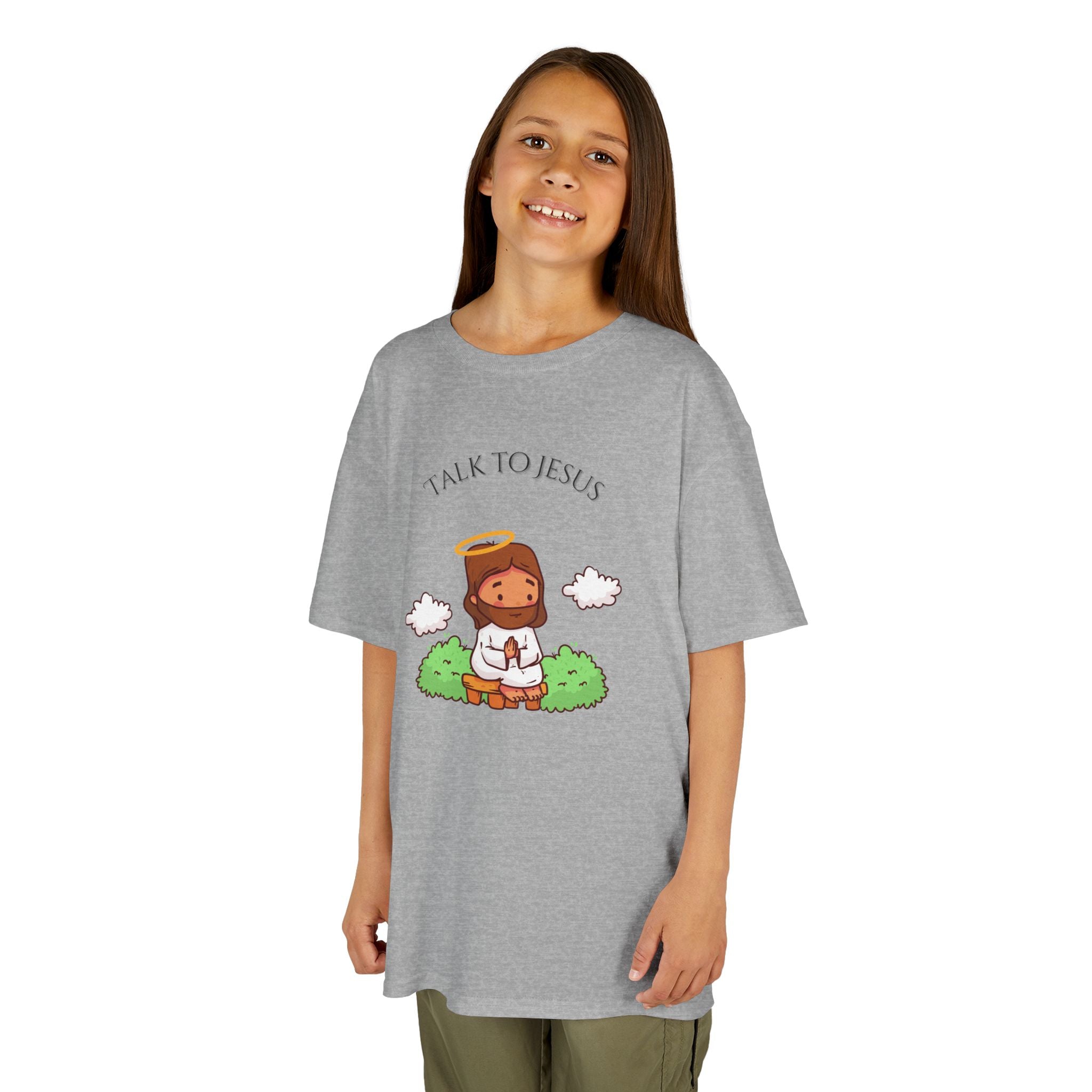 Kids Tee — Cute "Talk to Jesus" Cartoon Jesus Graphic Youth Faith Shirt