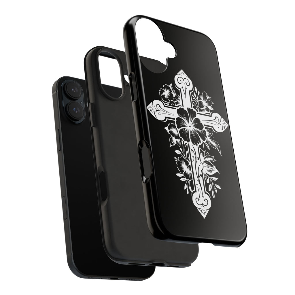 Floral Cross Tough Phone Case — Black Protective Christian Phone Cover