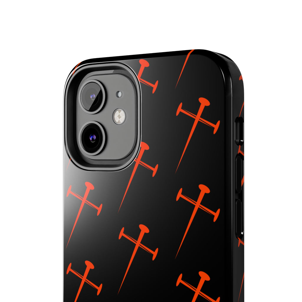 Black Tough Phone Case with Orange Nail Cross Pattern