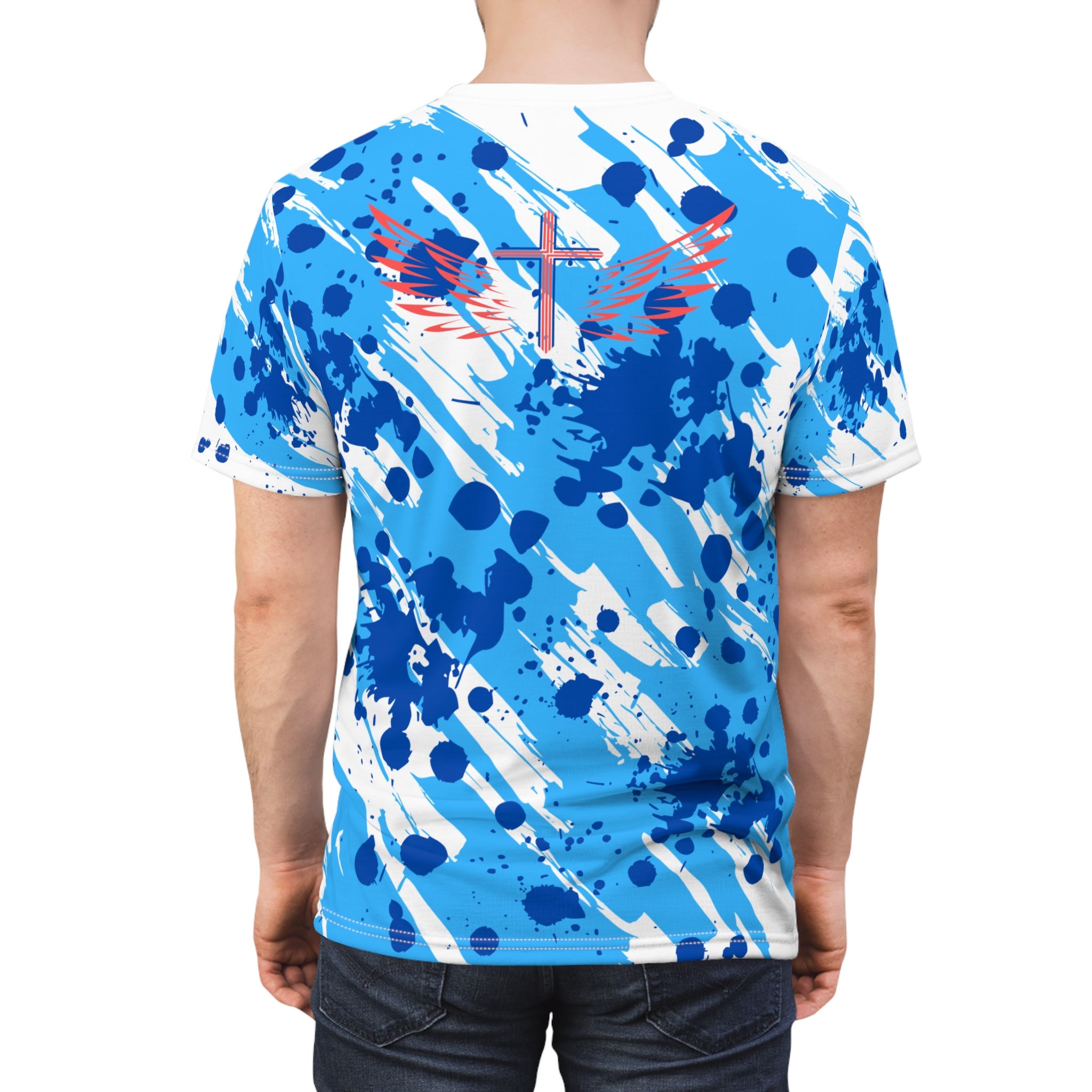 Jesus is My Vibe Splash Graphic Tee — Blue All-Over Print Christian Shirt