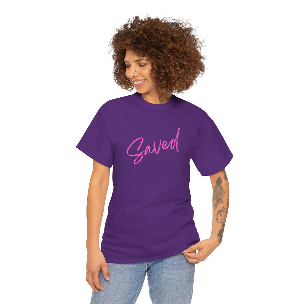 Saved T‑Shirt — Pink Script Faith Tee with Inspiring Back Verse