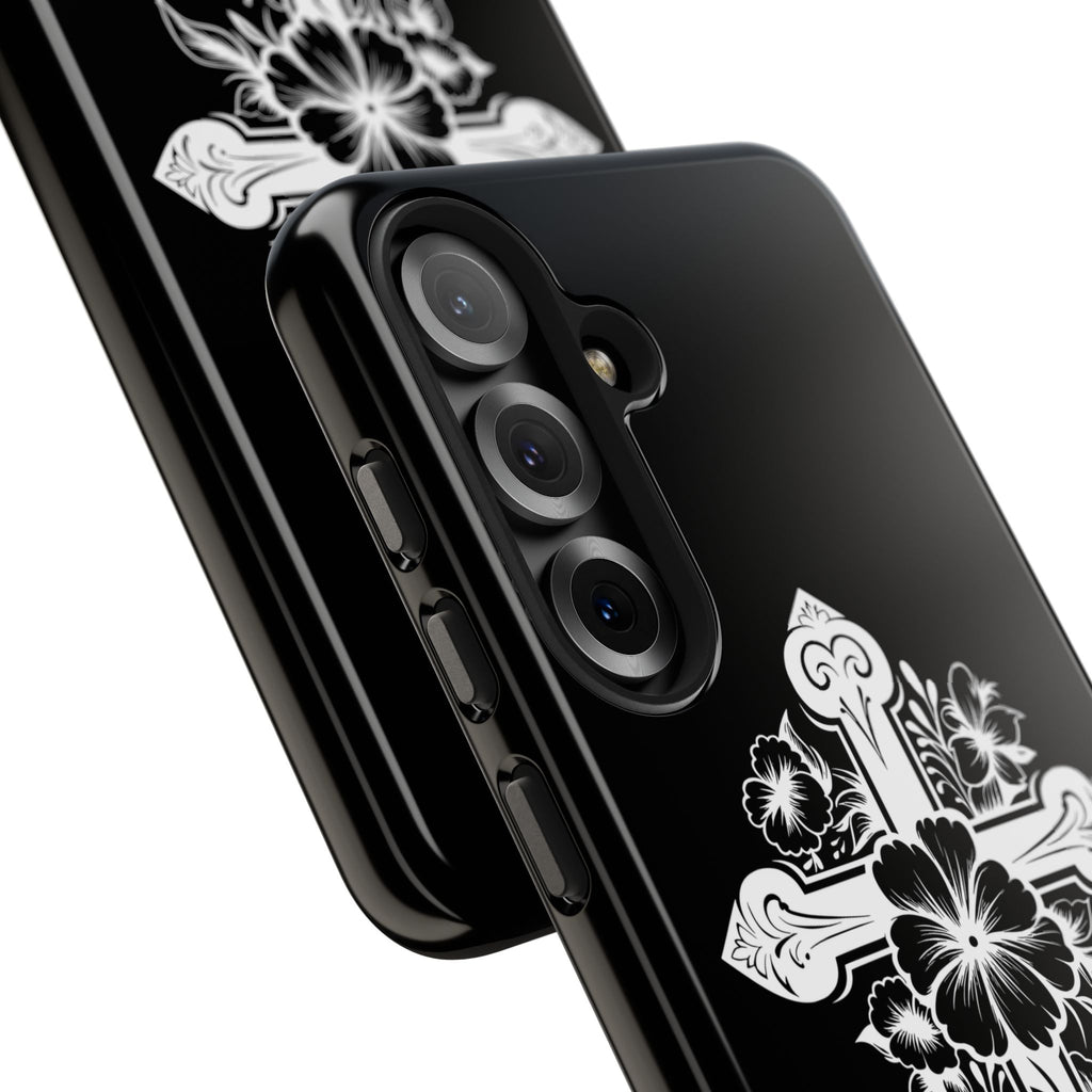 Floral Cross Tough Phone Case — Black Protective Christian Phone Cover
