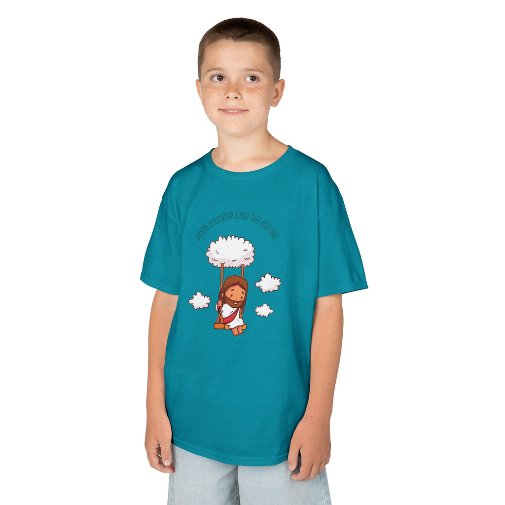 Kids Tee — Cute Jesus on Swing Under Cloud "Jesus Watches Over You and Me"