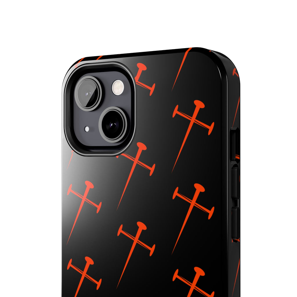 Black Tough Phone Case with Orange Nail Cross Pattern