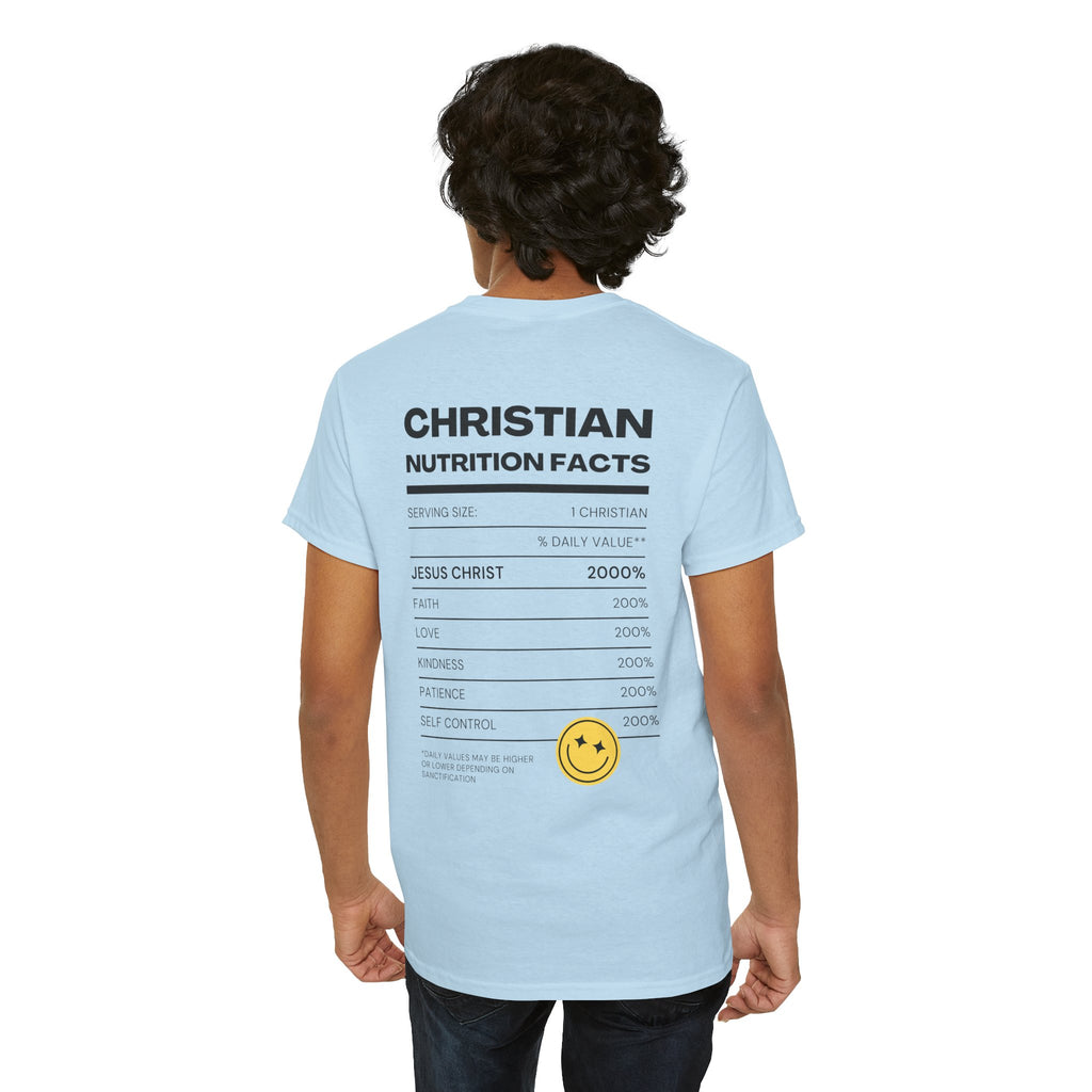 Christian Nutrition Facts Tee — Faith-Based Graphic T-Shirt with Cross & Nutrition Label Back