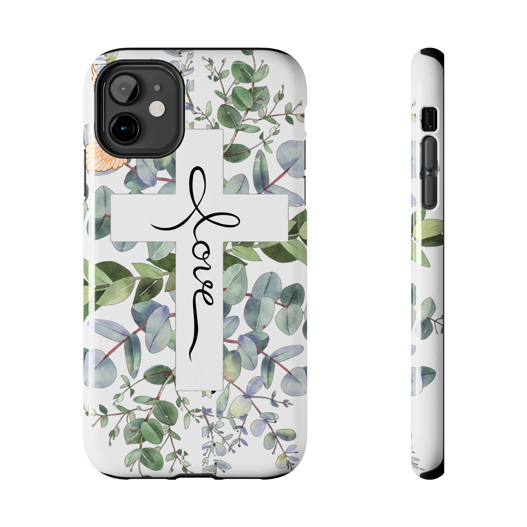 Religious Cross Tough Phone Case — Eucalyptus Floral "Love" Design