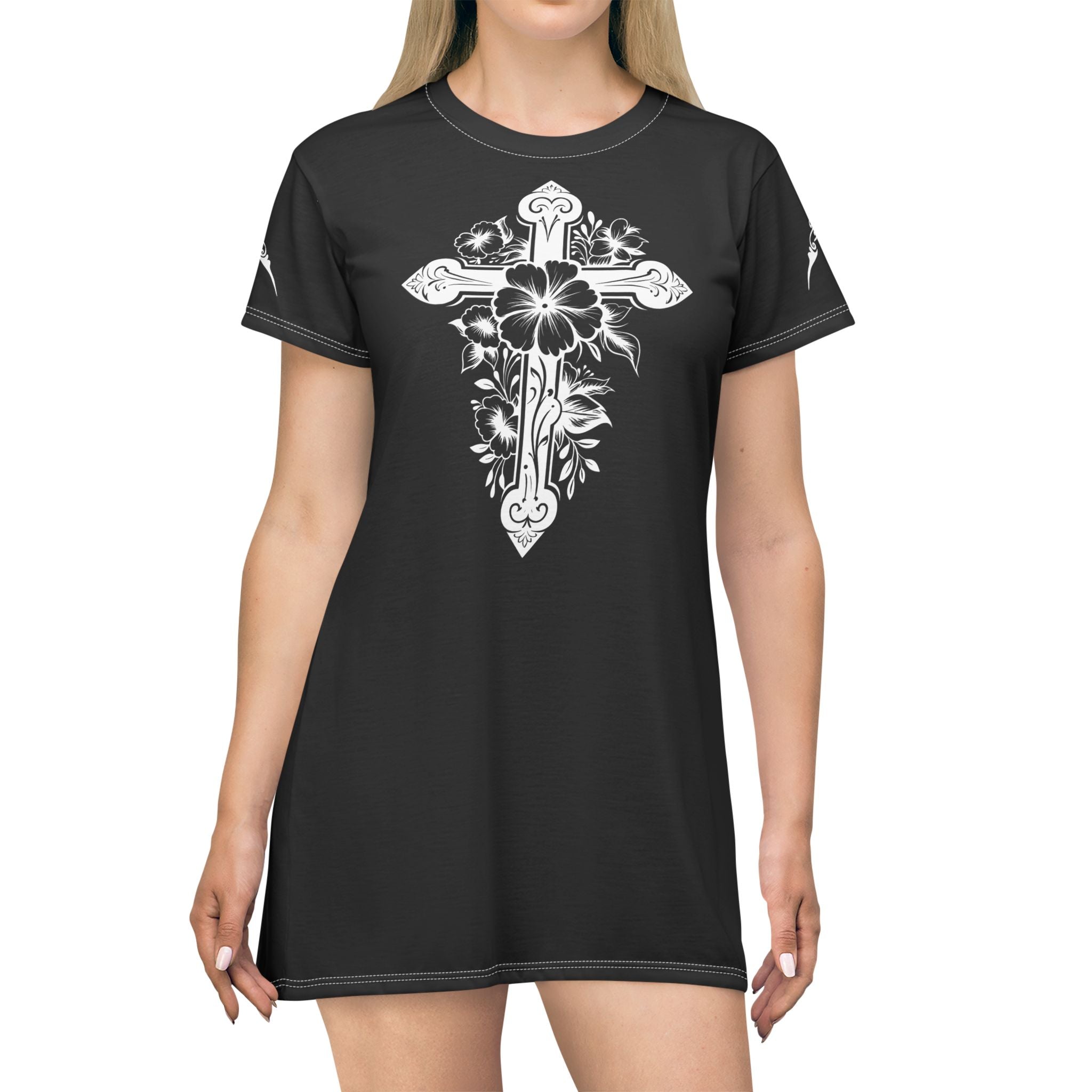 Floral Cross T‑Shirt Dress — Black and White
