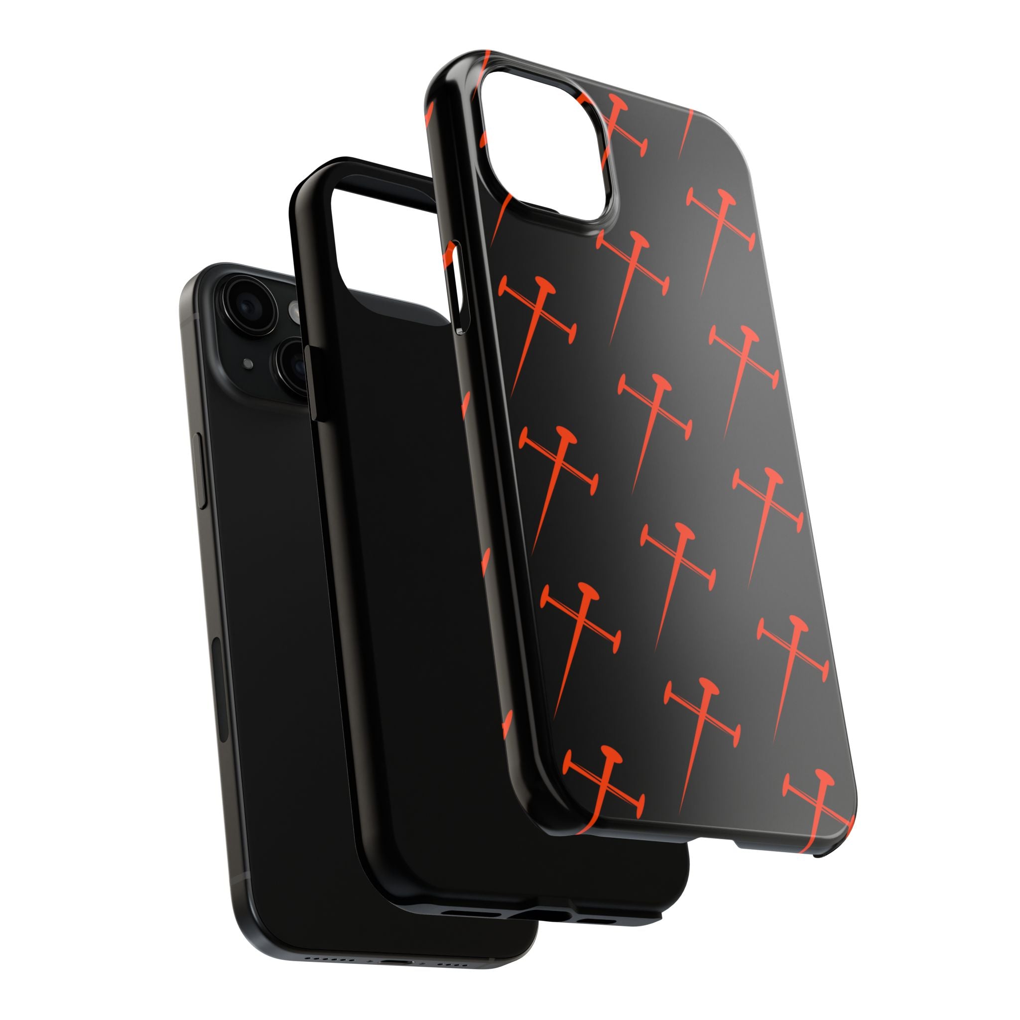 Black Tough Phone Case with Orange Nail Cross Pattern