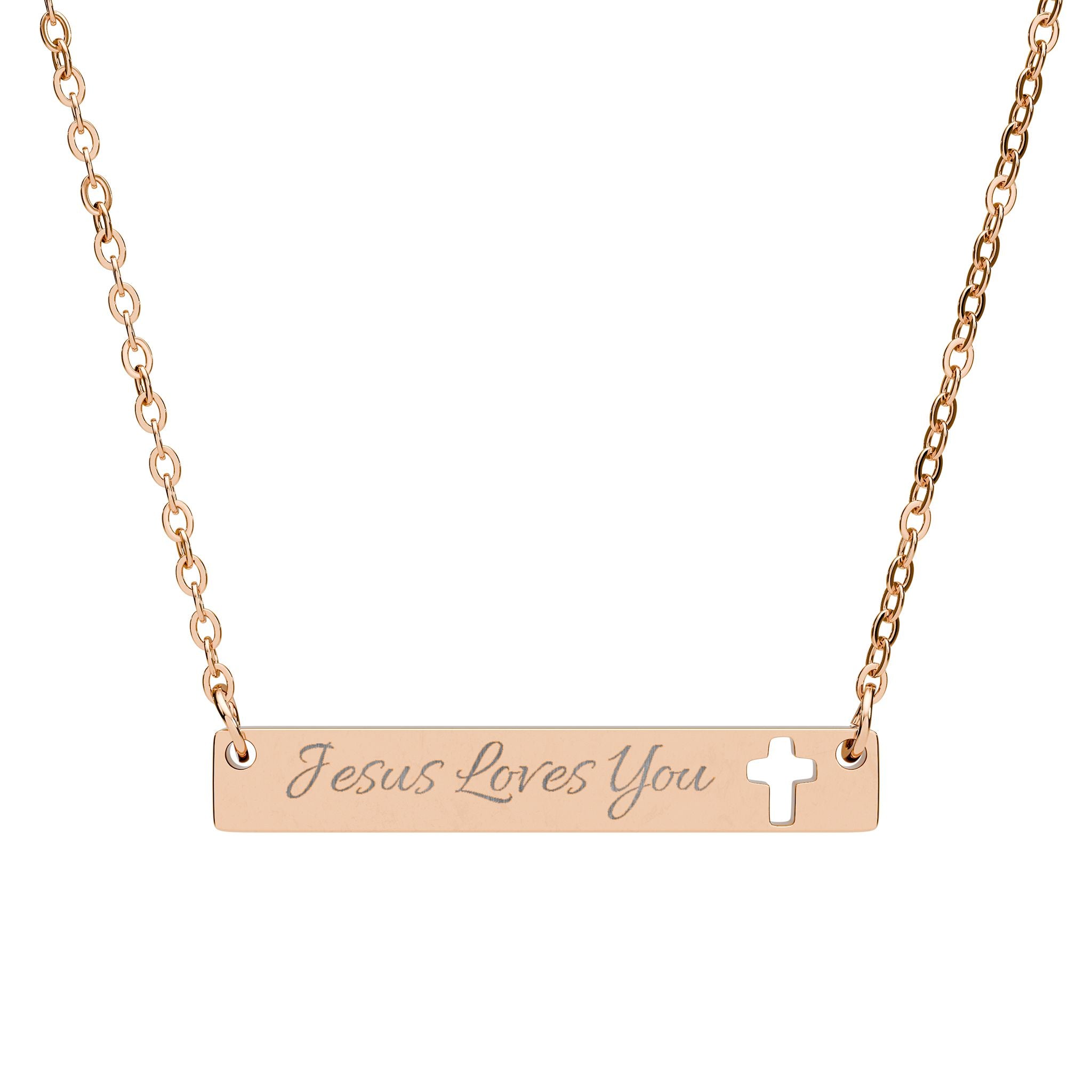 Engraved Cutout Cross Bar Necklace — "Jesus Loves You"