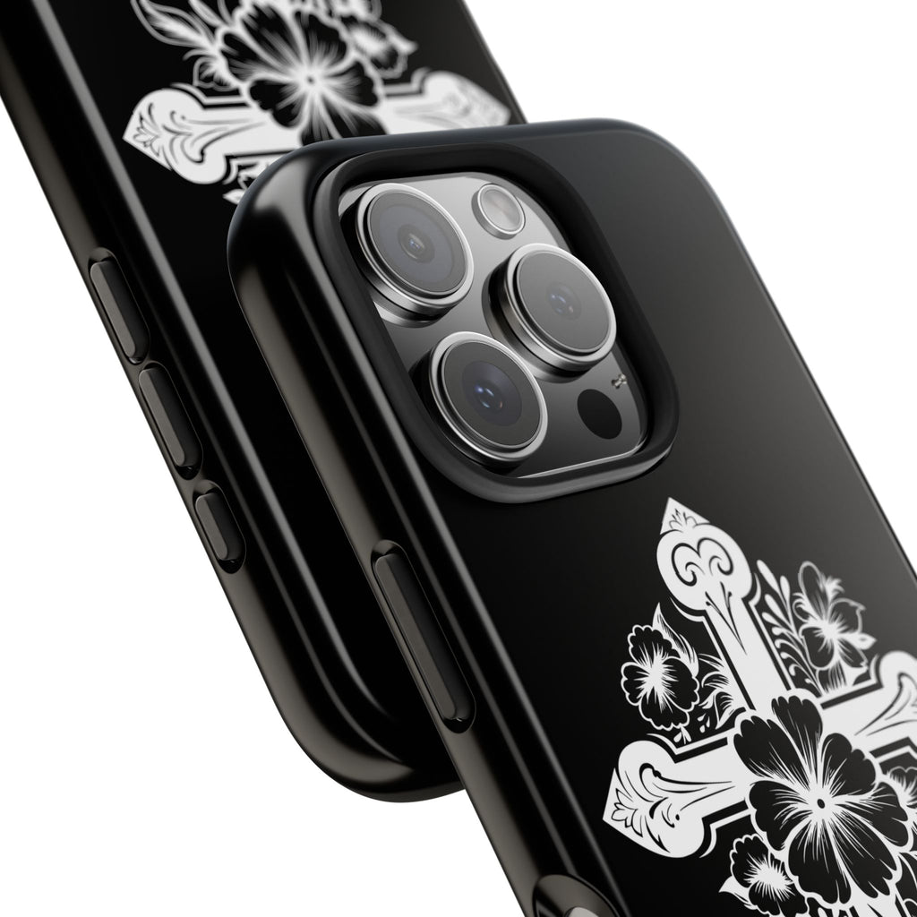 Floral Cross Tough Phone Case — Black Protective Christian Phone Cover