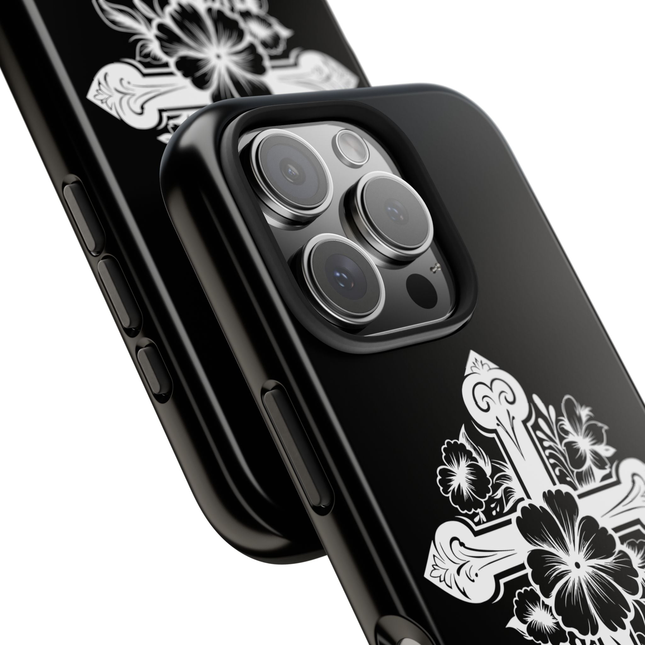 Floral Cross Tough Phone Case — Black Protective Christian Phone Cover