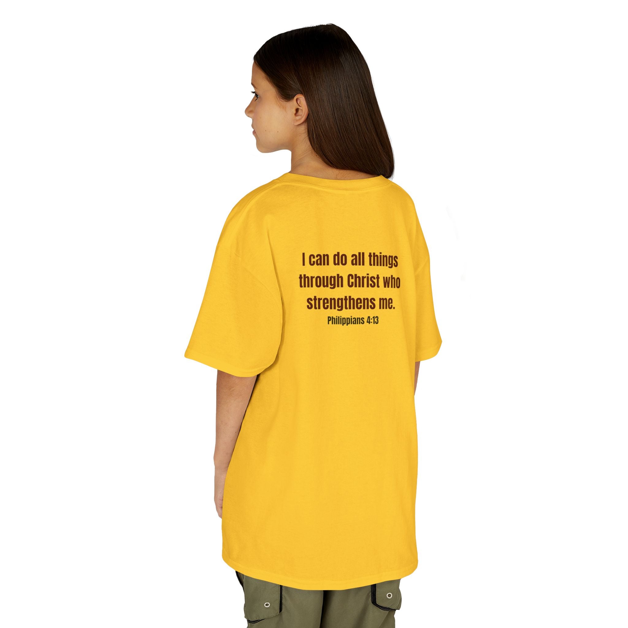 Kids Tee — "Strong" Muscle Graphic with Philippians 4:13 Back (Christian Inspirational)