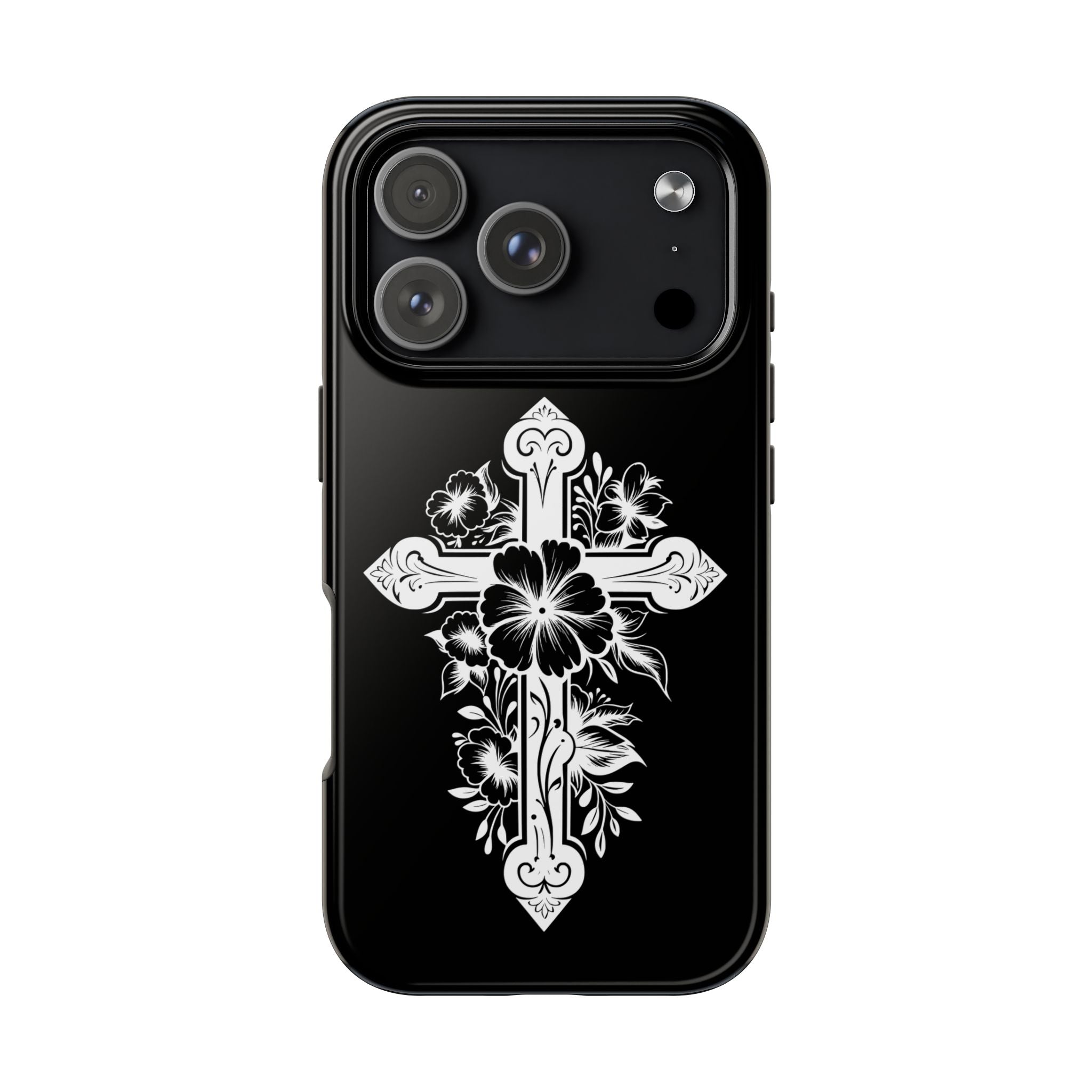 Floral Cross Tough Phone Case — Black Protective Christian Phone Cover