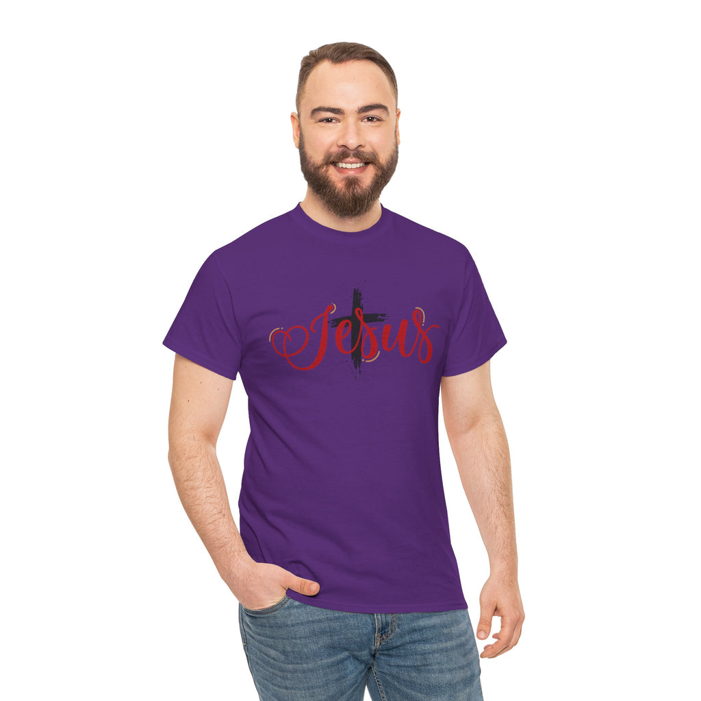 Jesus Cross T-Shirt — Red Brushstroke Faith Tee with Scripture Back (John 14:6)