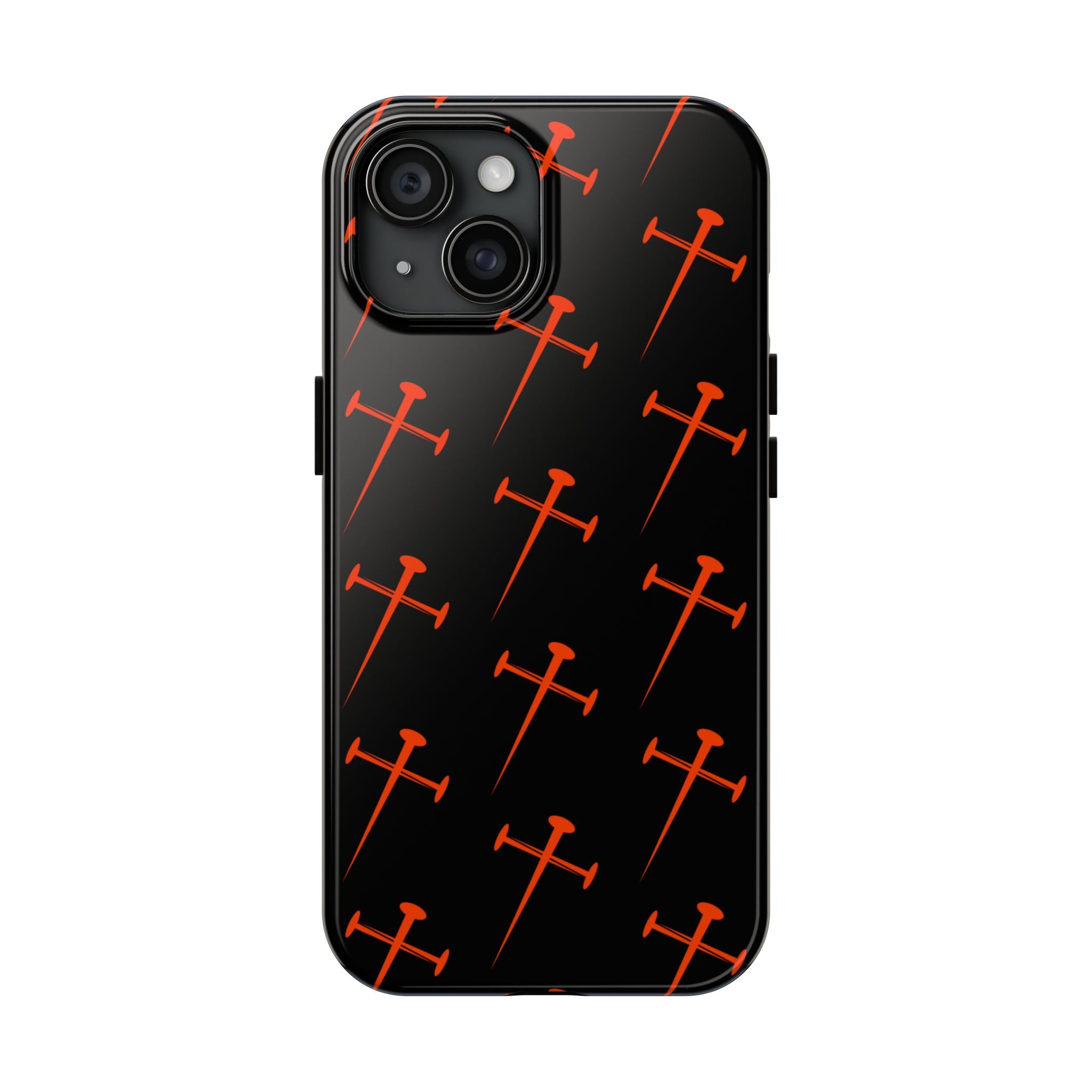 Black Tough Phone Case with Orange Nail Cross Pattern