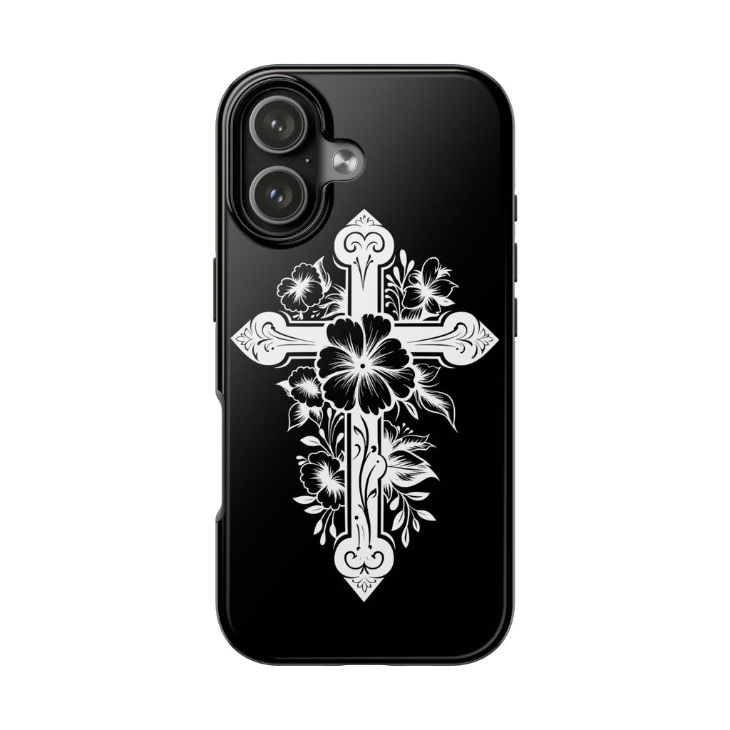 Floral Cross Tough Phone Case — Black Protective Christian Phone Cover