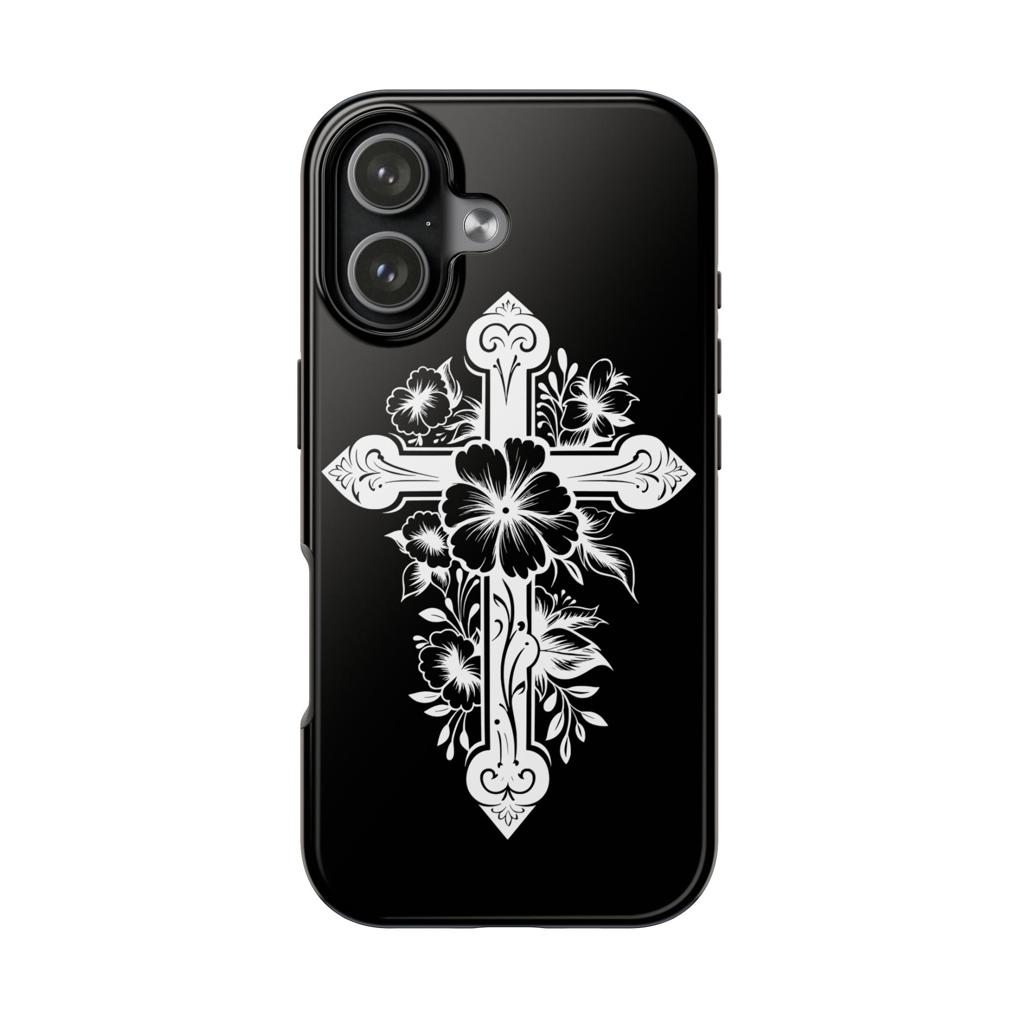 Floral Cross Tough Phone Case — Black Protective Christian Phone Cover