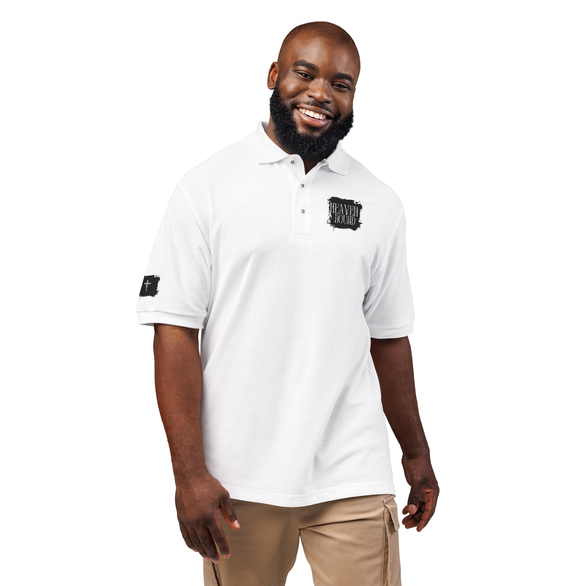 Embroidered Heaven Bound Patch Polo Shirt, Cross on Right Sleeve