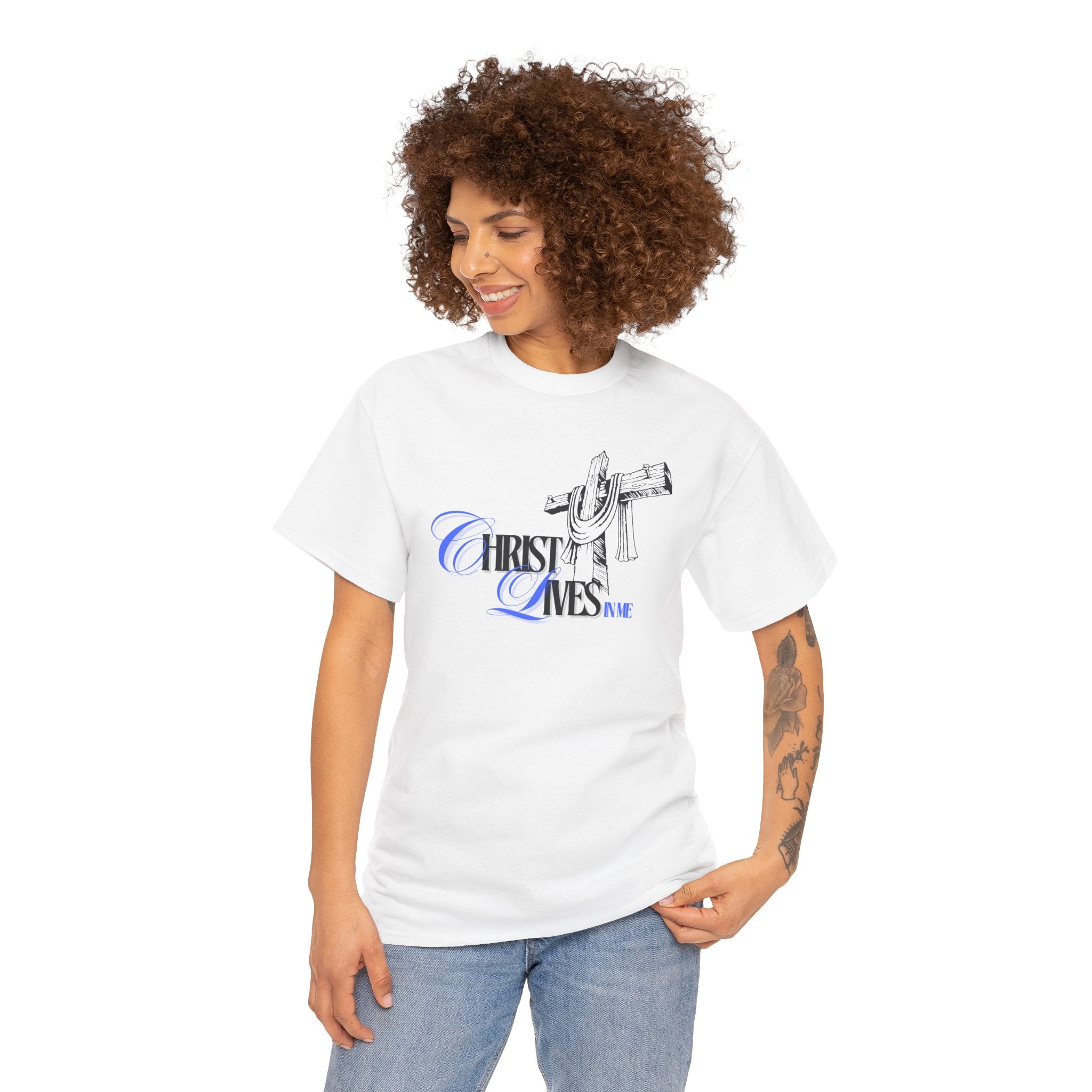 Christian Cross Tee — “Christ Lives in Me” Scripture Shirt (Galatians 2:20)