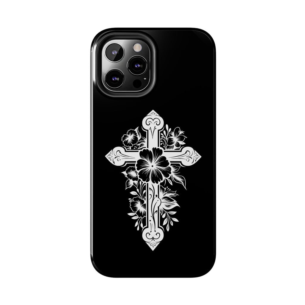 Floral Cross Tough Phone Case — Black Protective Christian Phone Cover