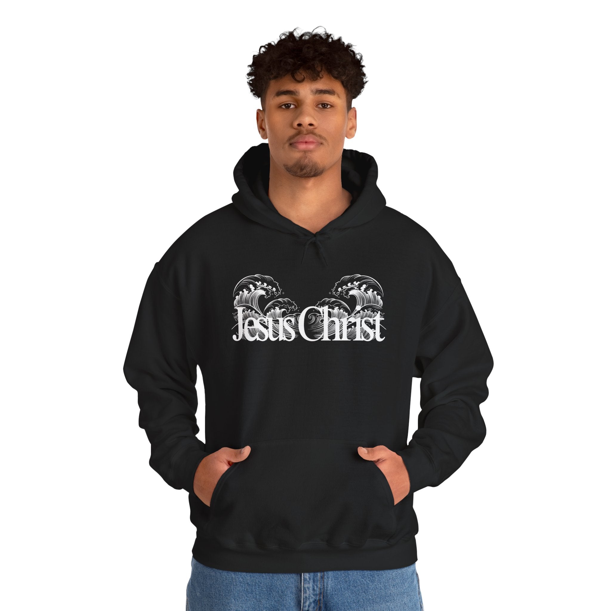 Jesus Christ Hoodie — Wave Graphic with Scripture Back (Faith-Based Christian Sweatshirt)