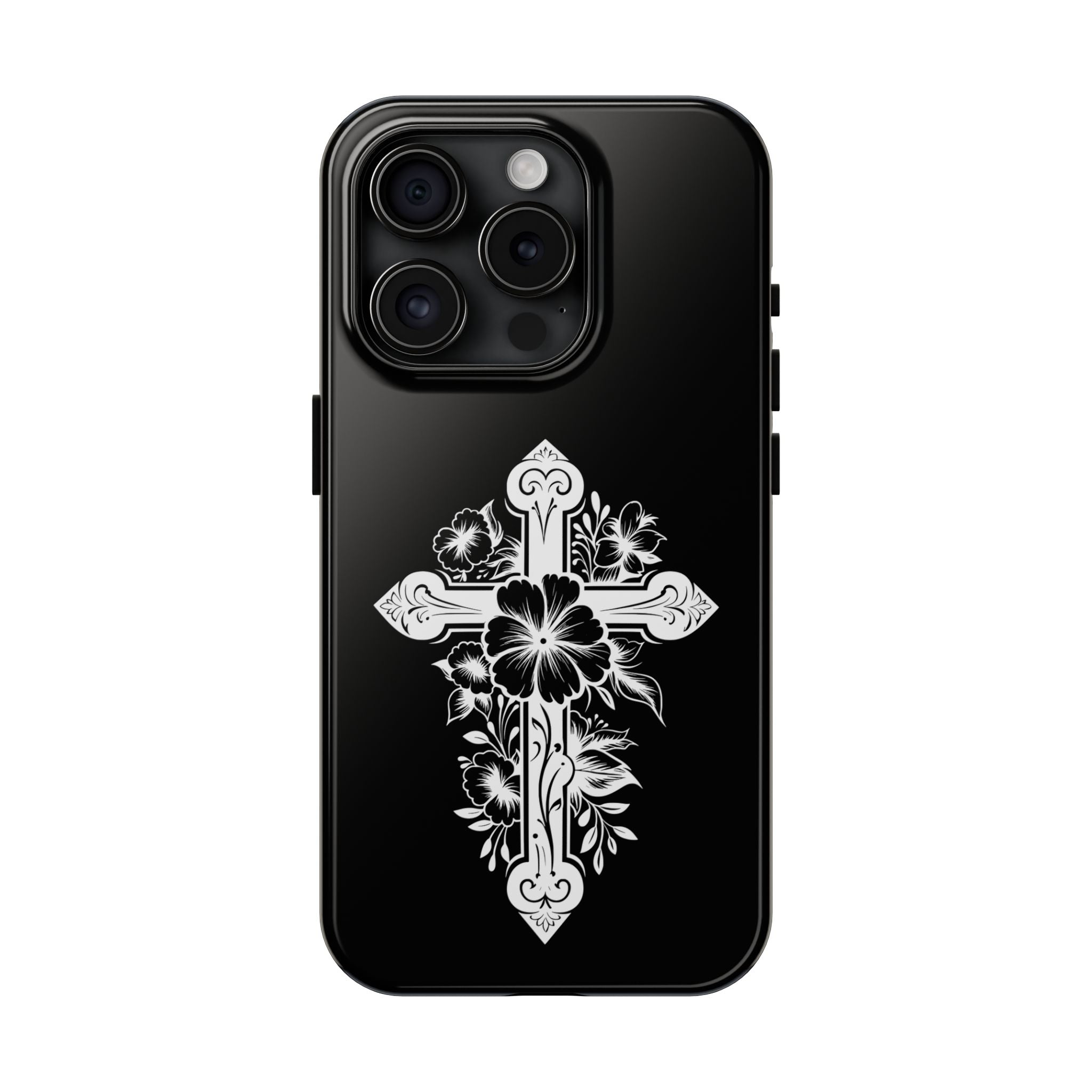 Floral Cross Tough Phone Case — Black Protective Christian Phone Cover