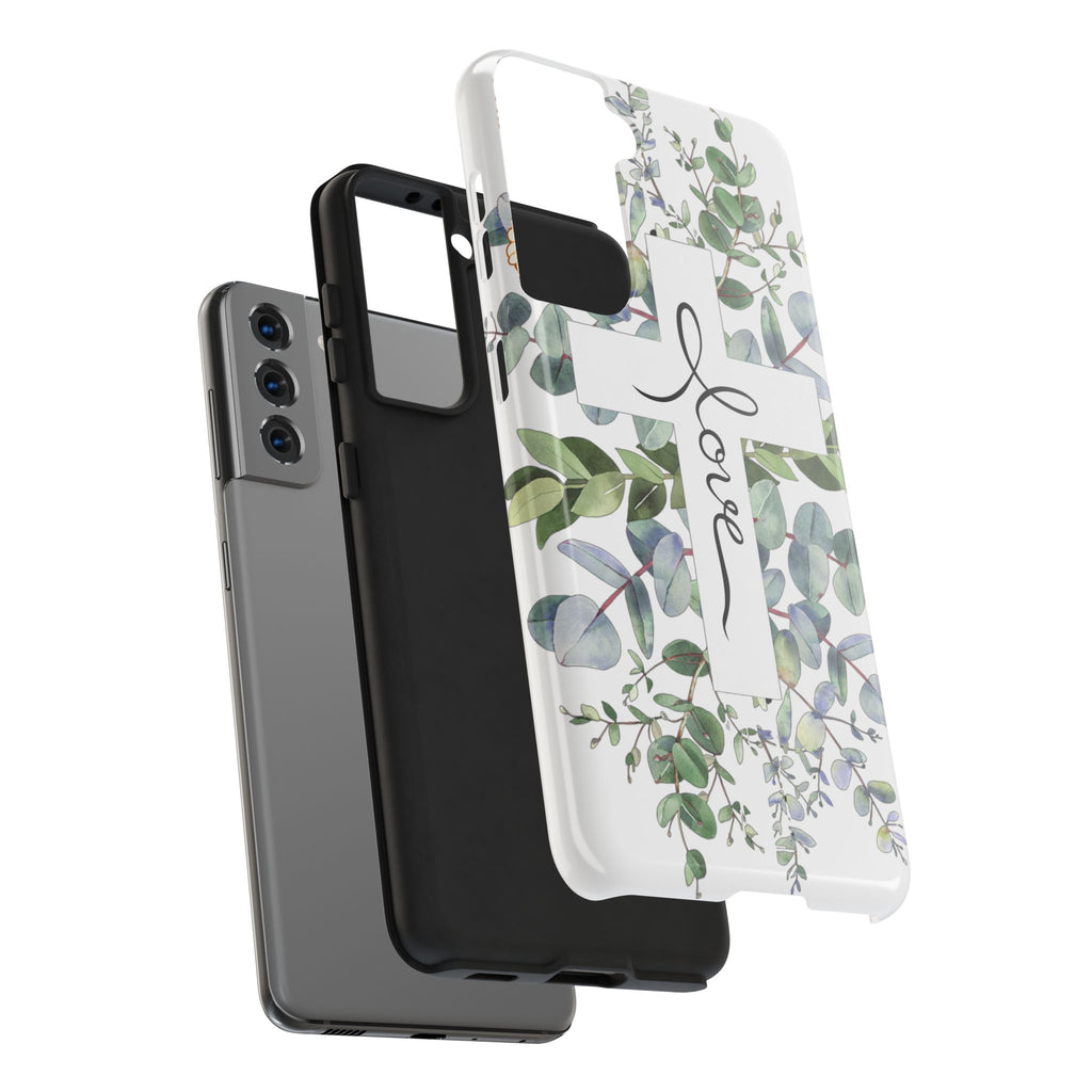 Religious Cross Tough Phone Case — Eucalyptus Floral "Love" Design