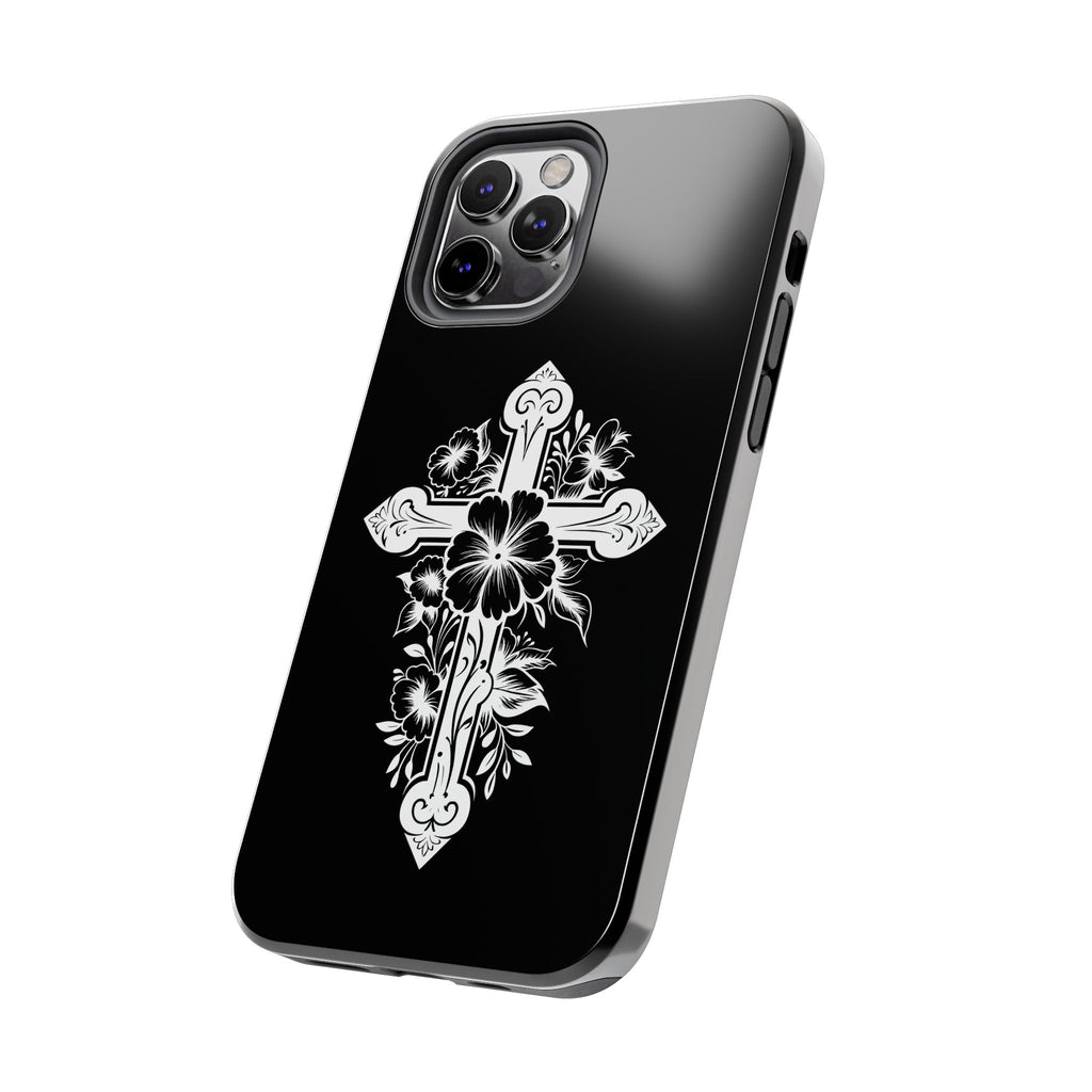 Floral Cross Tough Phone Case — Black Protective Christian Phone Cover