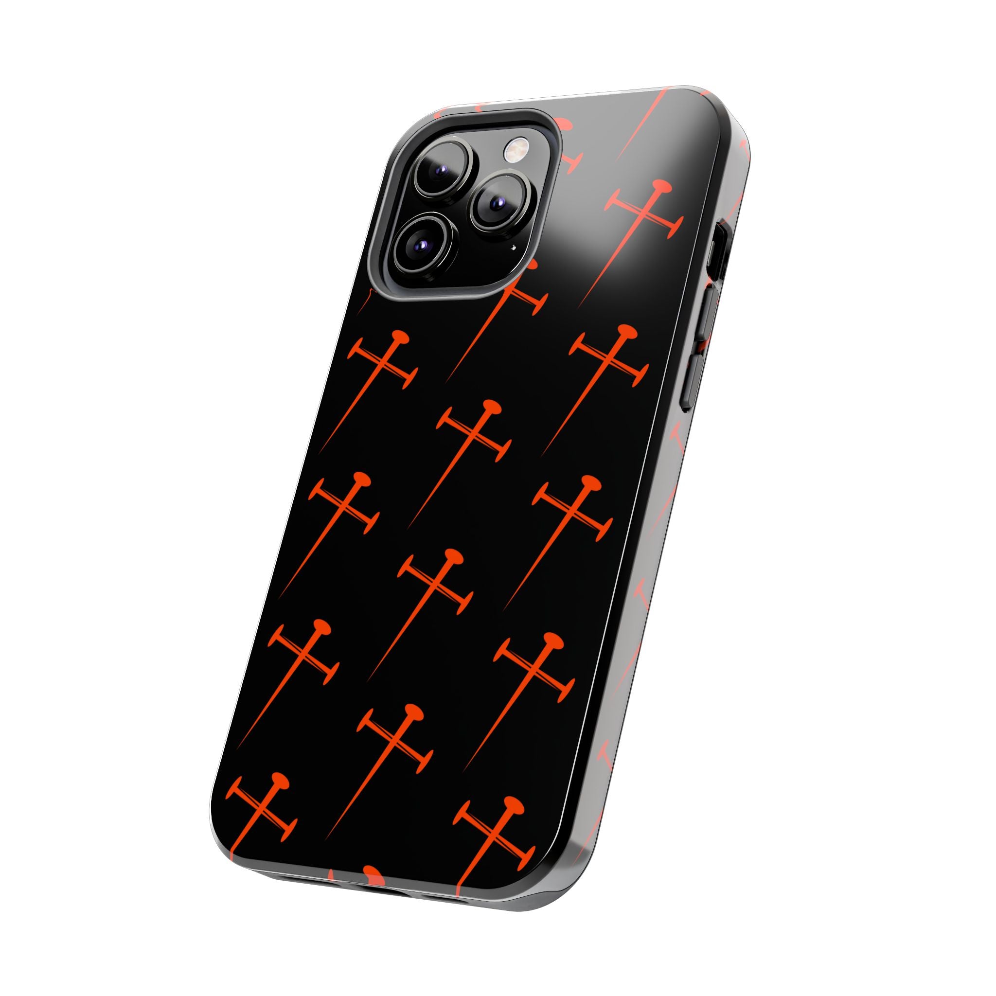 Black Tough Phone Case with Orange Nail Cross Pattern
