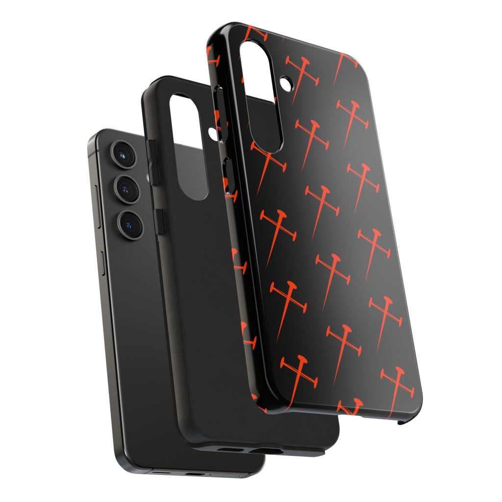Black Tough Phone Case with Orange Nail Cross Pattern