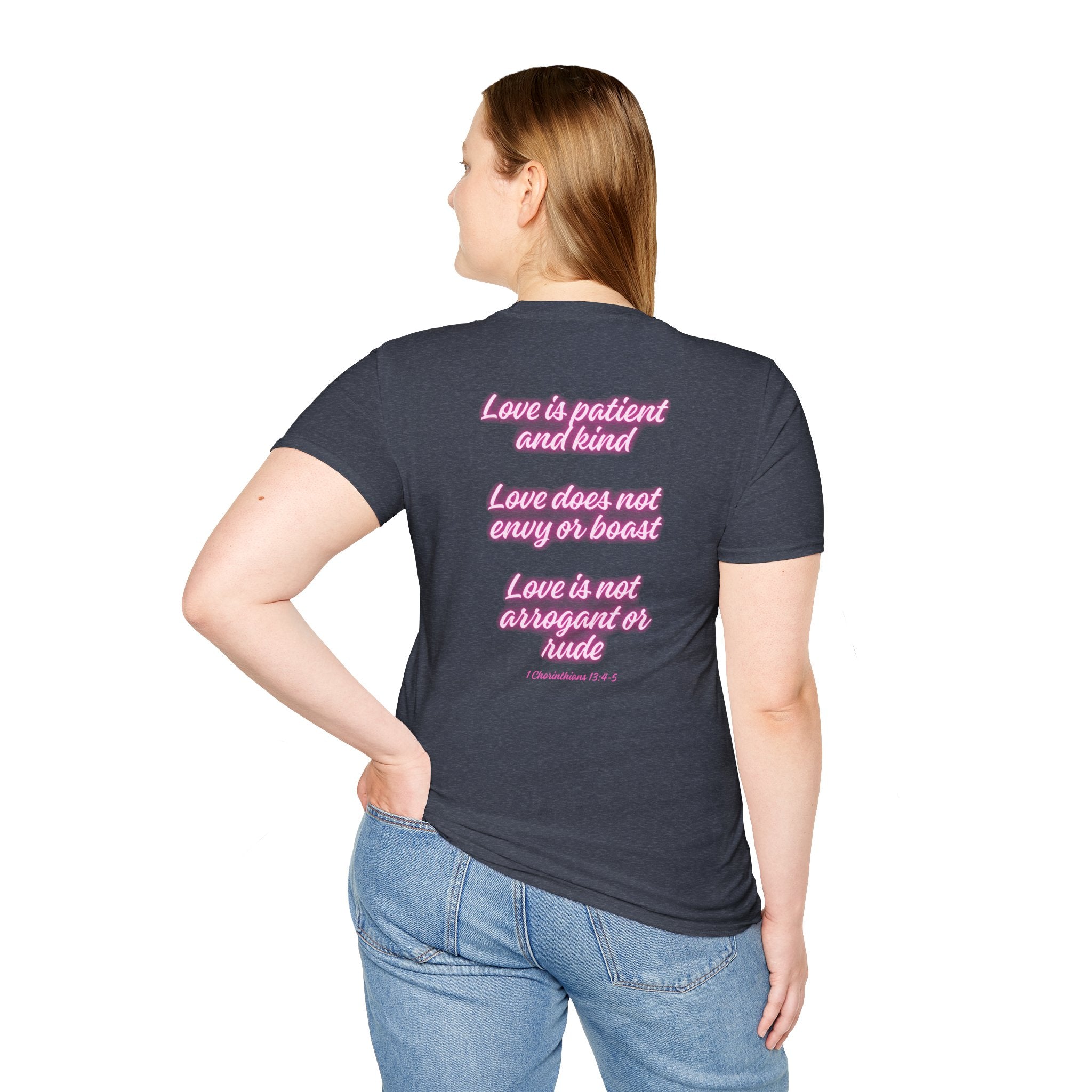 Love Script T-Shirt — Pink Neon "Love" Graphic with Scripture Back