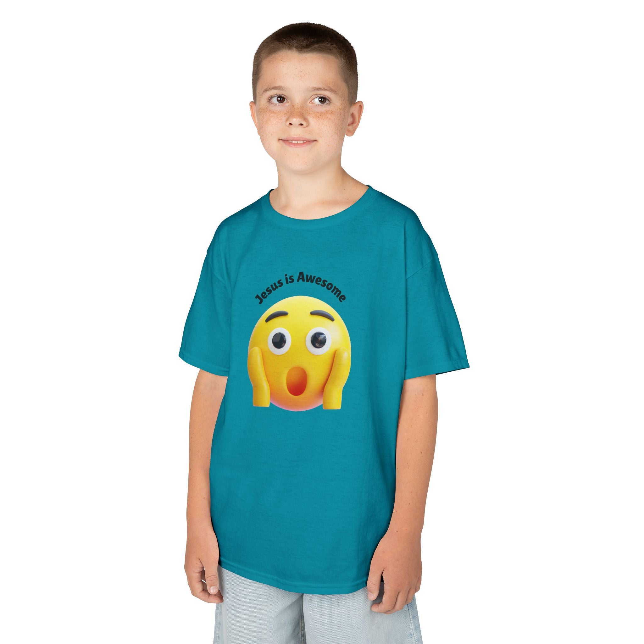 Kids T-Shirt — "Jesus Is Awesome" Surprised Emoji Graphic